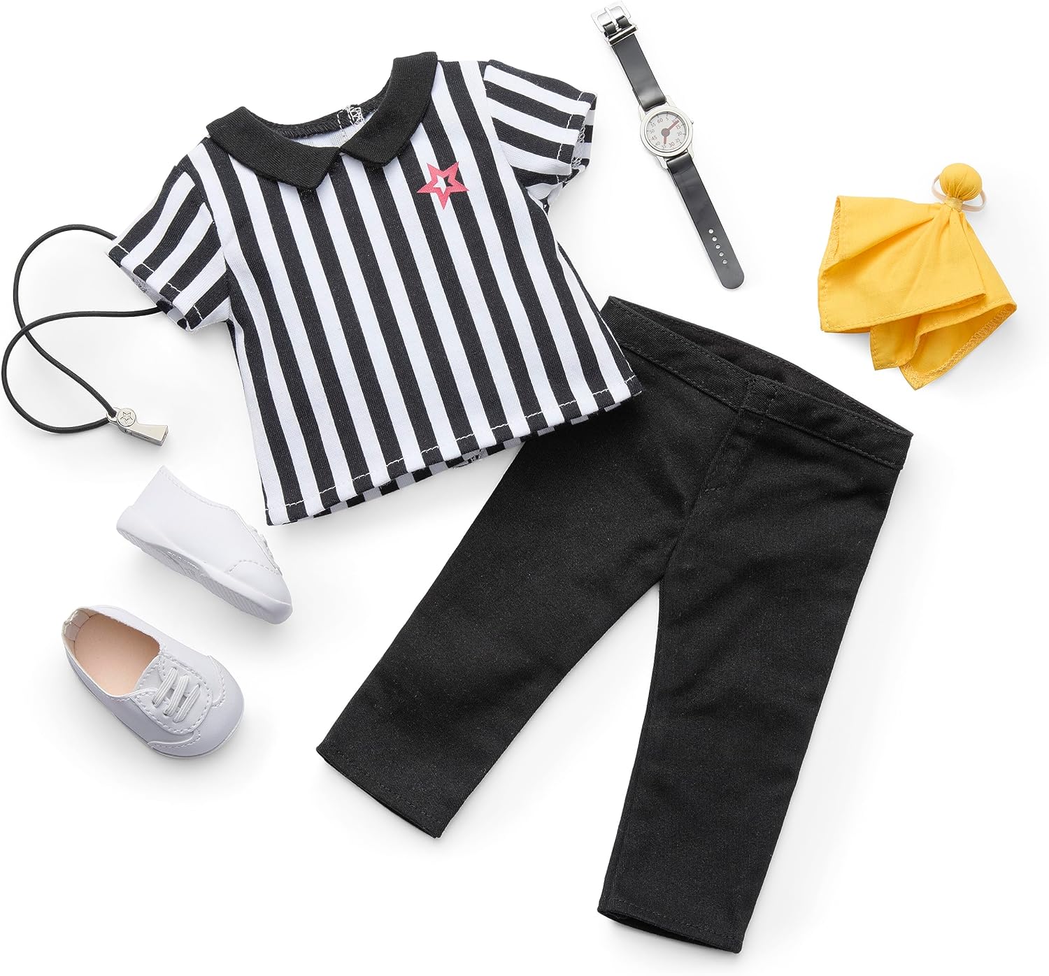 American Girl Truly Me – Traje de árbitro de muñeca de 18 pulgadas con silbato con cable, reloj de pulsera e bandera de penalti, para mayores de 6
