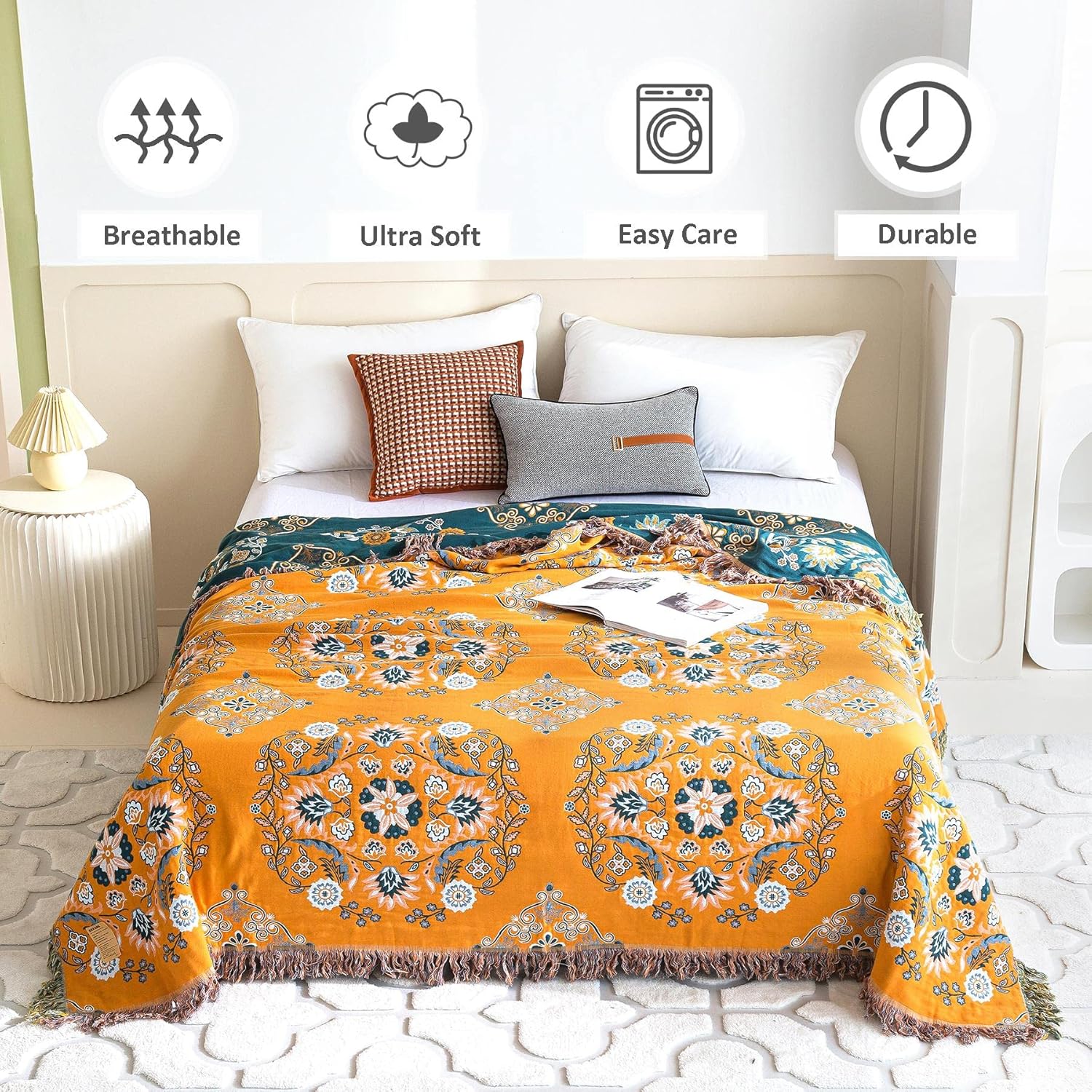 Manta bohemia para cama, 100 % algodón, ultra suave, rústico, decoración de granja, manta de verano, 60 x 80 pulgadas, para todas las estaciones,