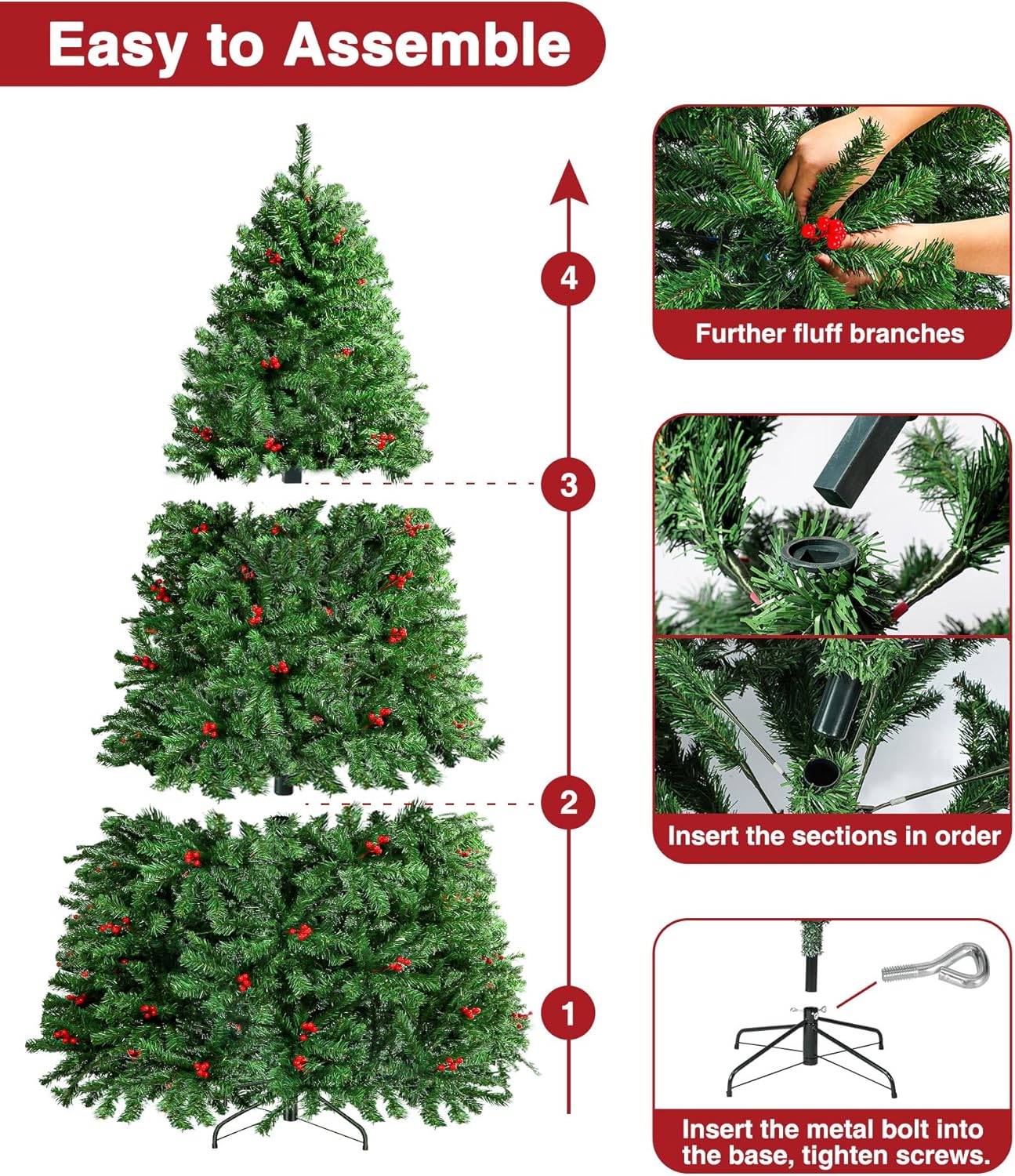 Árbol de Navidad artificial predecorado de 7.5 pies, árbol de Navidad navideño sin luz con 1346 puntas de rama, 84 bayas, base plegable y bolsa de