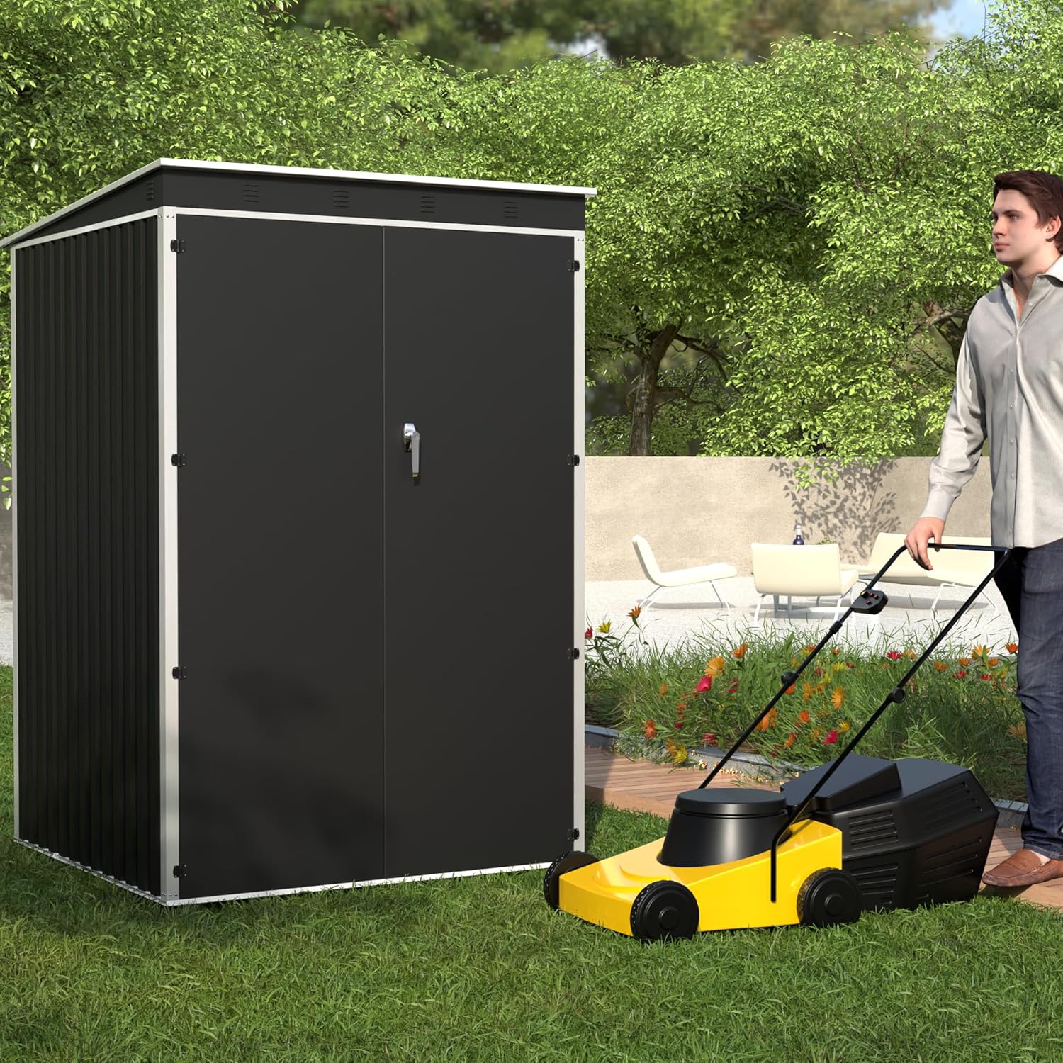 Aobabo Cobertizo de almacenamiento de metal para exteriores, cobertizo de herramientas de acero de 4 x 4 pies con puerta y cerradura, cobertizos de