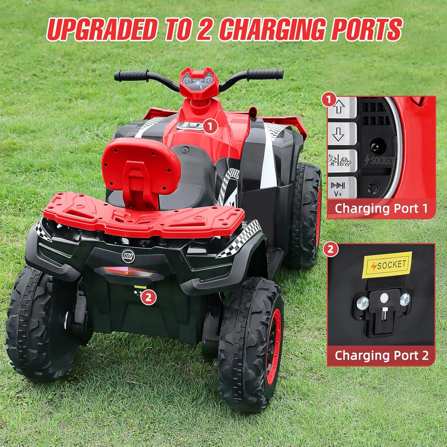 ELEMARA ATV para niños de 2 plazas, vehículo eléctrico de 4 ruedas con batería de 10 AH, 4 mph, 2 puertos de carga, Bluetooth, faros LED, música,