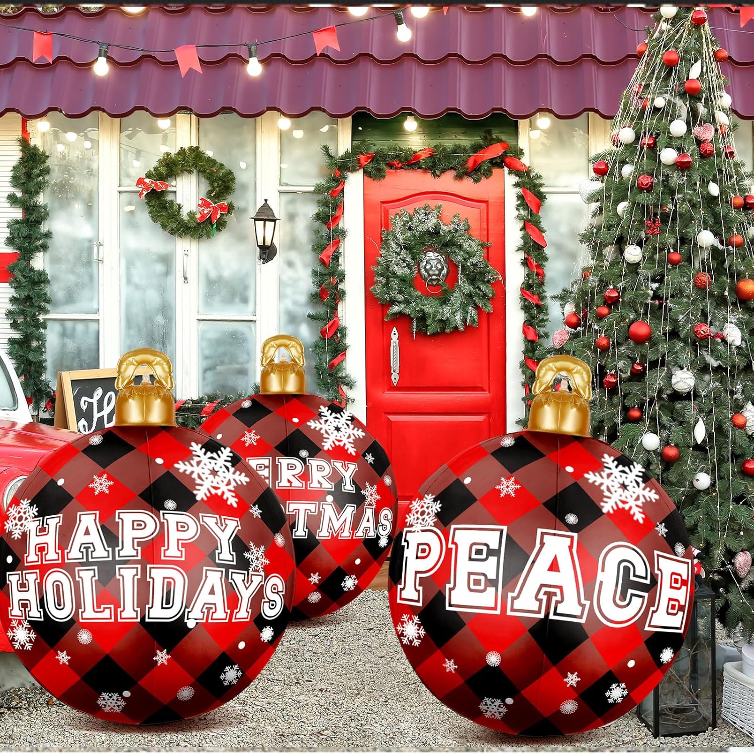 4 bolas inflables gigantes de Navidad de 25 pulgadas, bolas inflables de búfalo rojo y negro, adornos inflables gigantes para Navidad al aire libre,