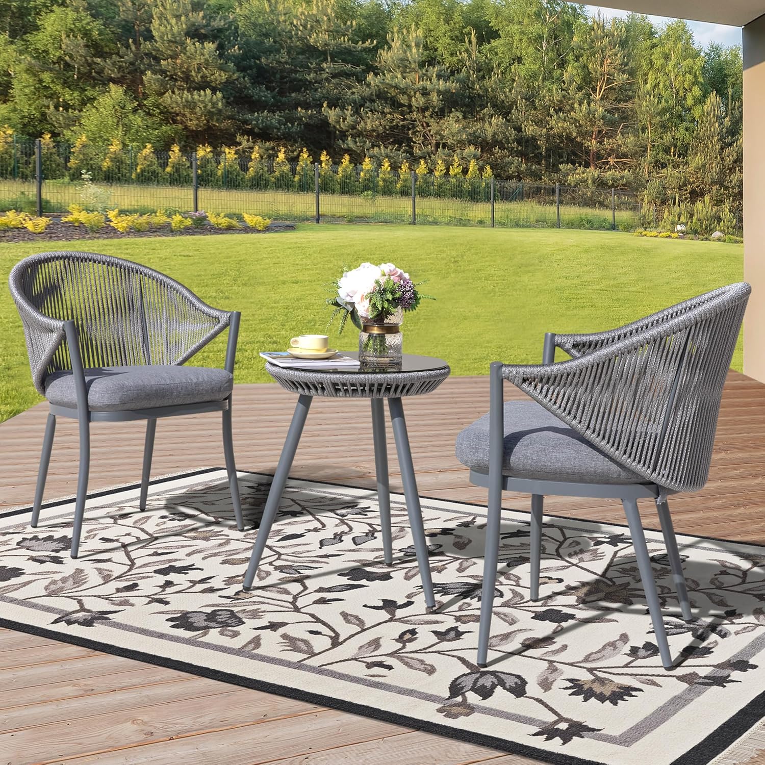 NUU GARDEN Juego de 3 piezas de bistró para exteriores, juego de patio de conversación de cuerda tejida, muebles de aluminio para todo tipo de