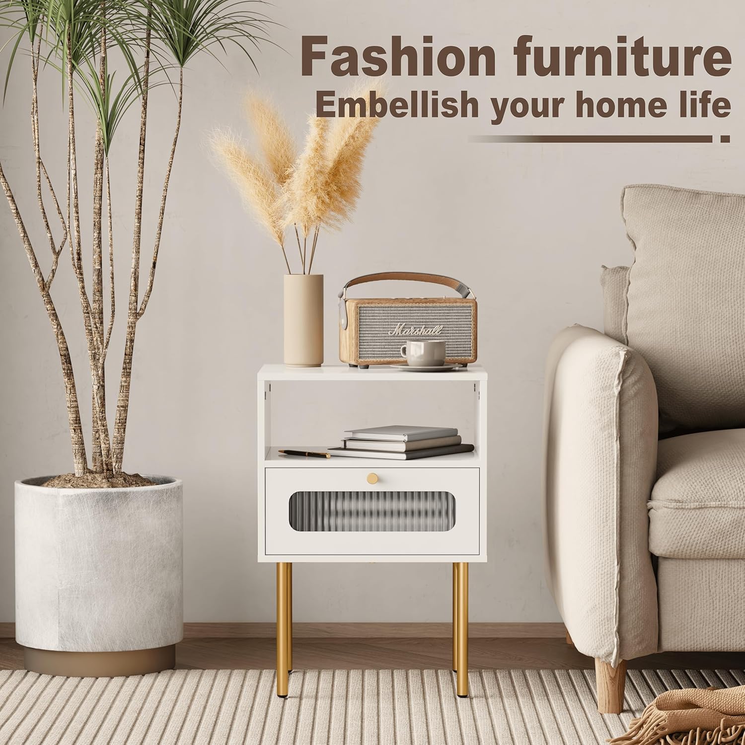 Mesita de noche, mesa auxiliar moderna blanca con cajón de almacenamiento y estante de madera abierto, mesa auxiliar pequeña con puerta decorativa