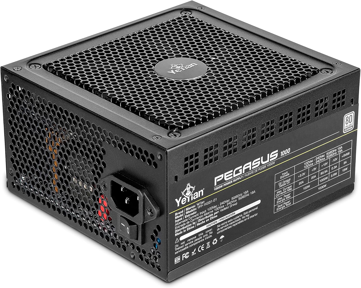 YEYIAN Pegasus 1000W 80+ Gold Certified PSU, ventilador dinámico fluido ultra silencioso de 5.512 in, ATX 12V Ver 3.0 factor de forma totalmente