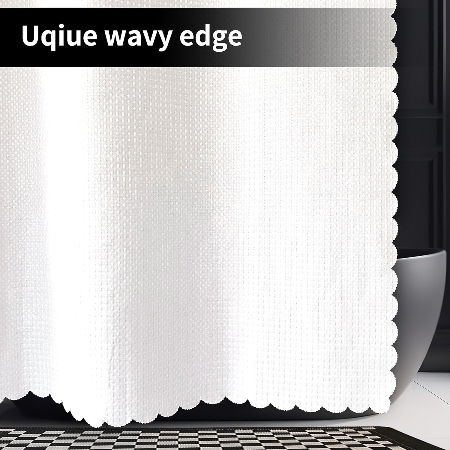 Juego de cortinas de ducha con borde ondulado, cortinas de ducha de baño pesadas de punto gofre, estilo hotel, con ventana superior transparente, 12