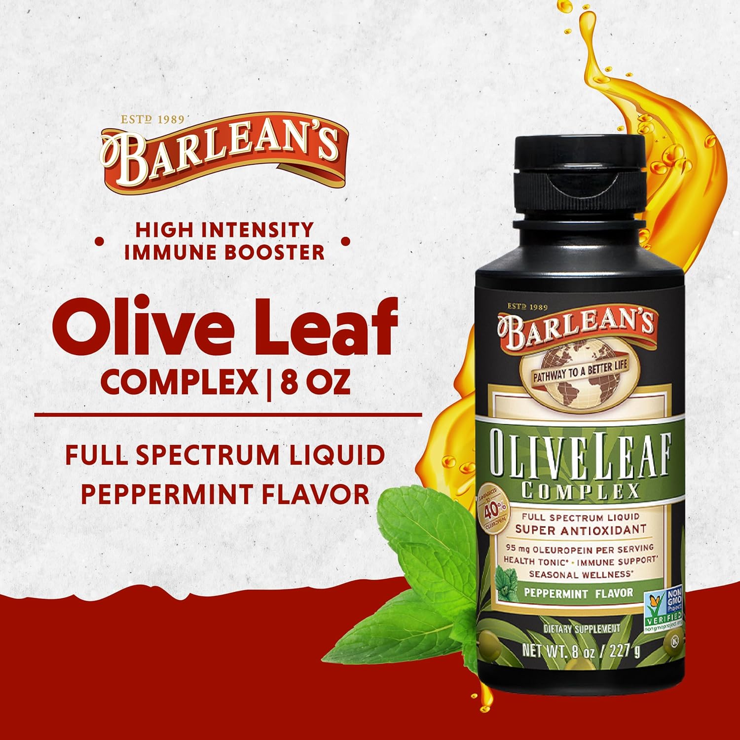 Barlean’s Peppermint Olive Leaf Complex Liquid Immune Support Supplement with 95mg Oleuropein Antioxidants for Seasonal Wellness, Heart Health, &