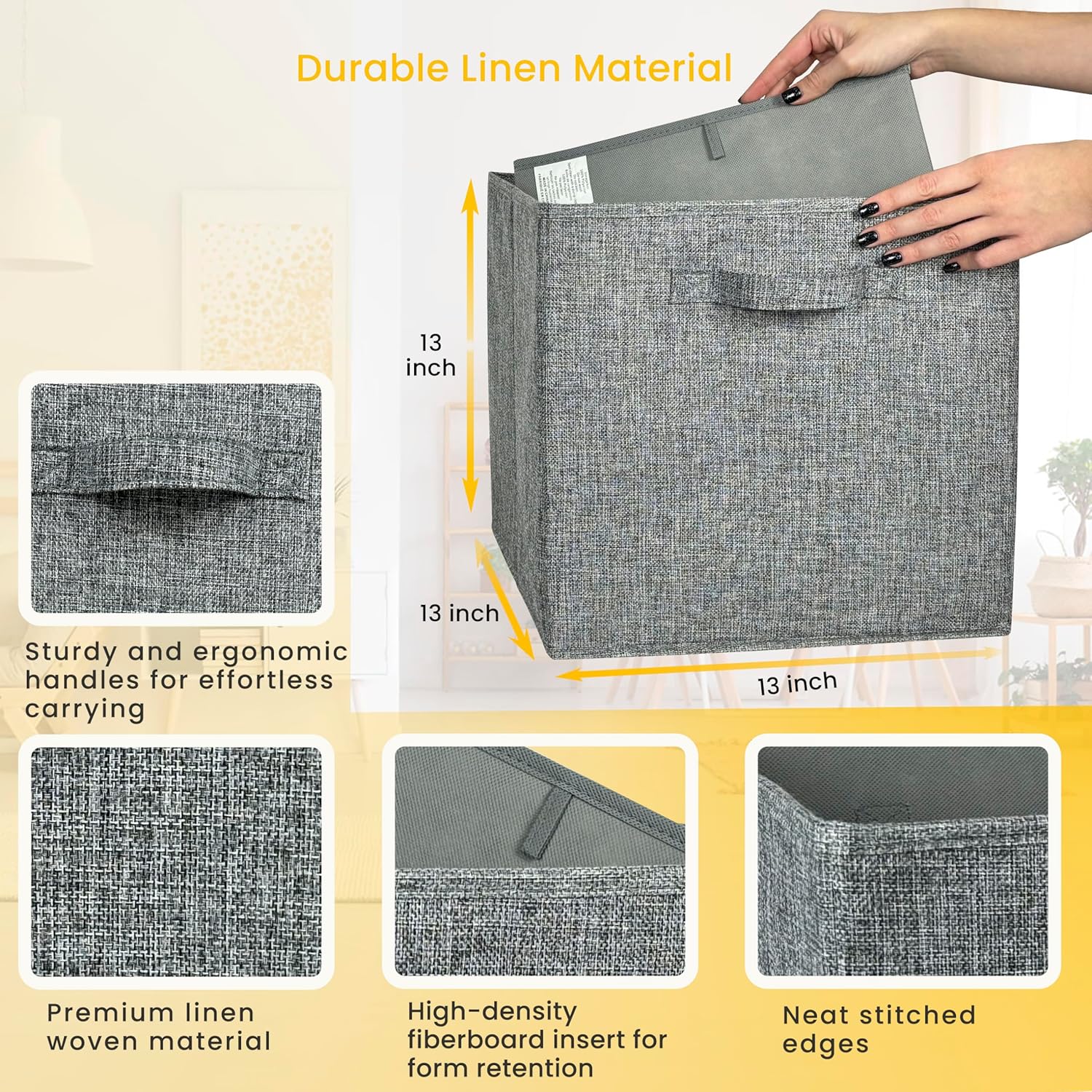 Contenedores de almacenamiento de 13 x 13 x 13 pulgadas, cubos de almacenamiento de tela plegables grises, cubos de almacenamiento de 13 pulgadas, 4