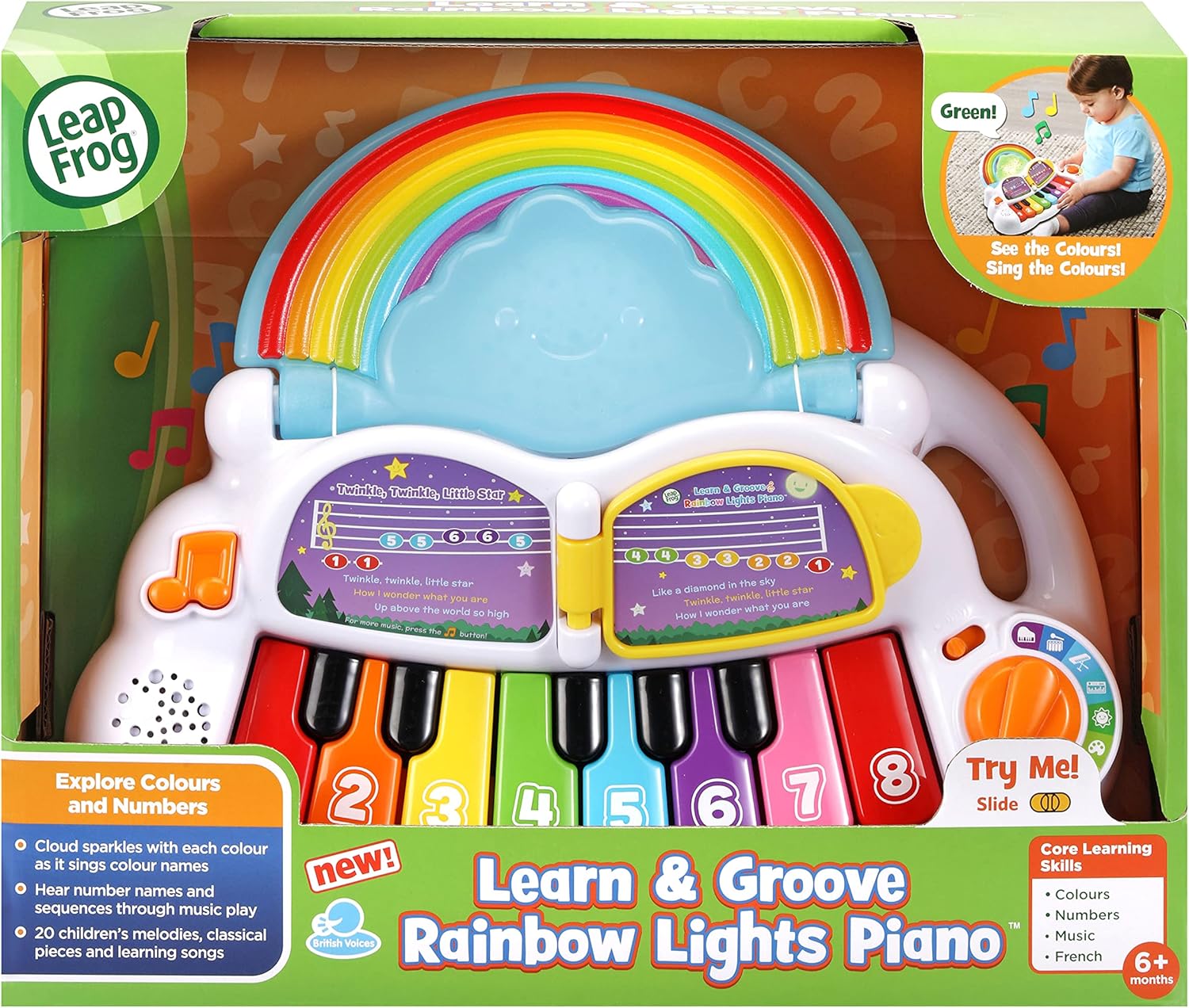 LeapFrog Learn & Groove – Piano de luces arcoíris, juguete musical para bebé con sonidos, colores y números, juegos de aprendizaje en inglés y