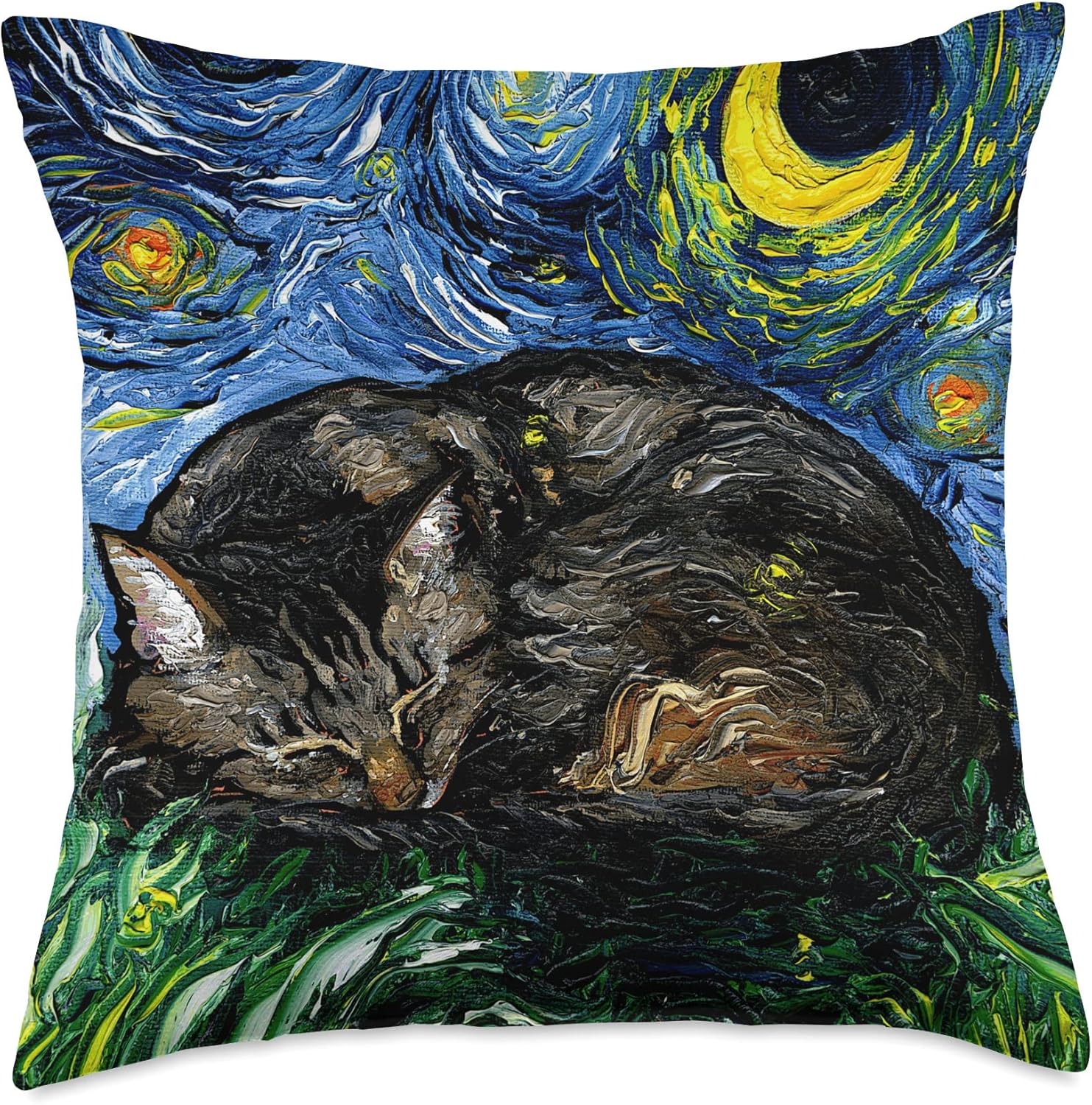 Aja Throw Pillow – Arte de noche estrellada de gato de color marrón durmiendo, 18 x 18 pulgadas, multicolor