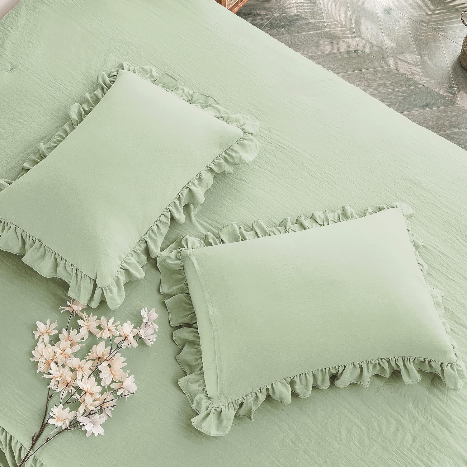 Bonlino Juego de colcha para cama King  Colcha de granja Colcha Chic Vintage Ropa de cama falda con volantes Colcha Colcha Dormitorio rústico ligero