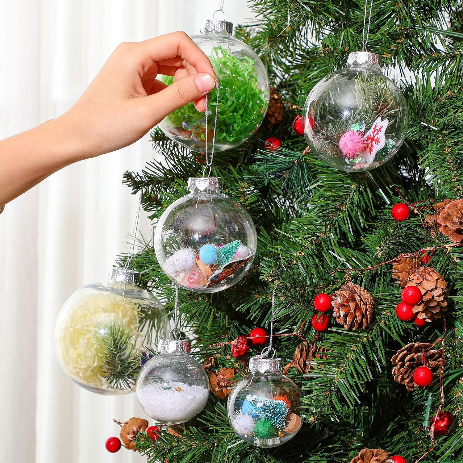 50 adornos de plástico transparente con tapa y cuerda para colgar, esferas rellenables de Navidad para manualidades, árbol de Navidad, fiesta, boda,