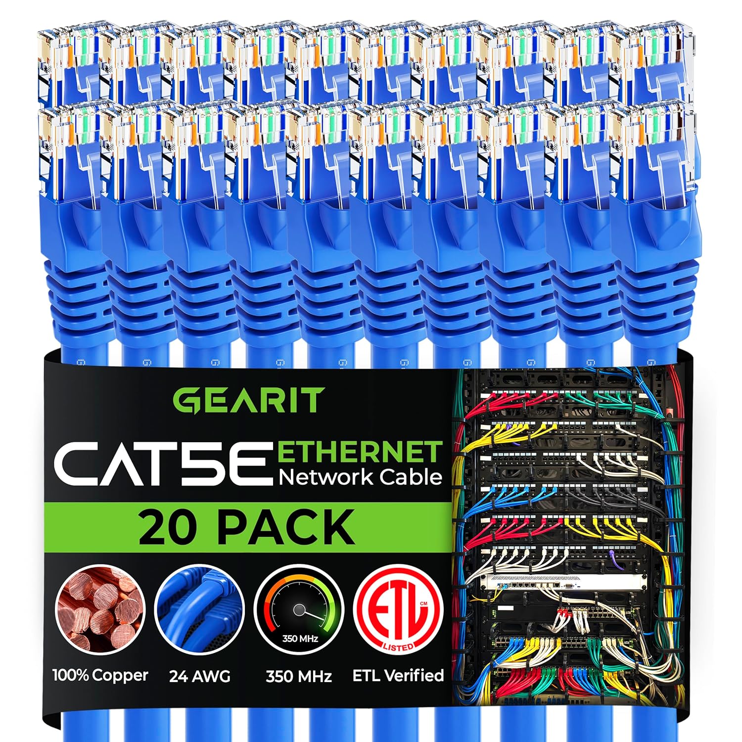 GearIT Paquete de 20 cables de conexión Ethernet Cat5e de 5 pies, cable de red LAN RJ45 sin enganches, color azul