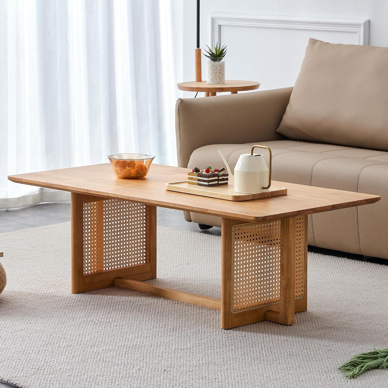 Mesa de centro de madera moderna de mediados de siglo con soporte de ratán de polietileno, mesa de café rectangular de madera maciza de 47 pulgadas,