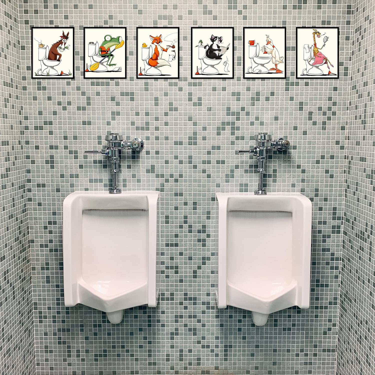 Juego de 6 pósteres de lienzo para pared de baño, diseño de animales, diseño de zorro, gato, rana, jirafa, caballo en el inodoro, ilustración para