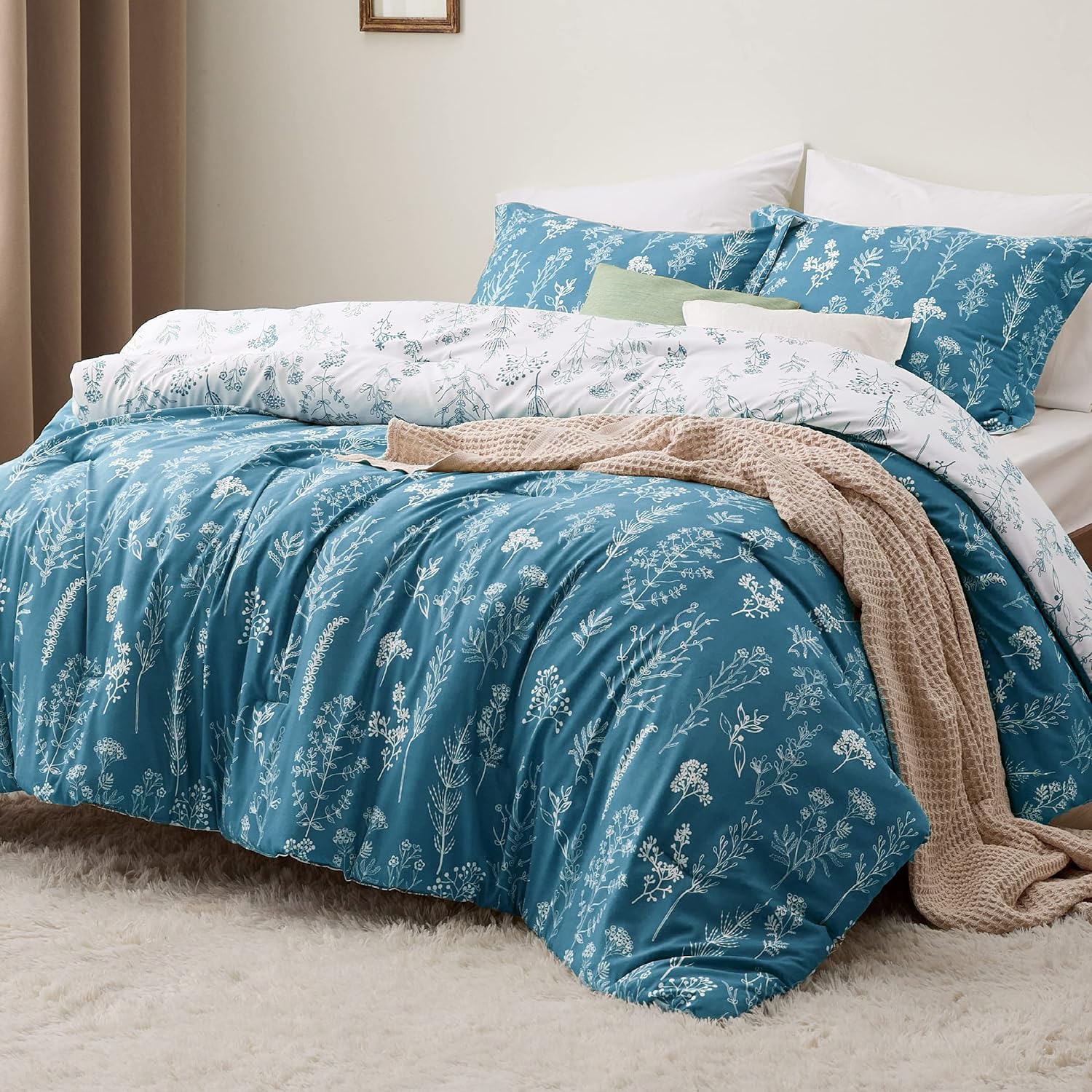 Bedsure Juego de edredón King  Edredón azul turquesa, bonitos juegos de edredón floral, 3 piezas, 1 edredón reversible suave con flores botánicas y