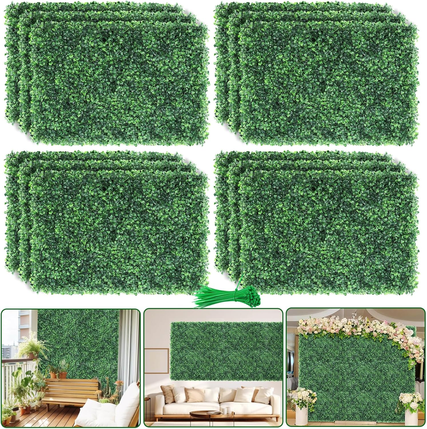 ZXMOTO Paneles de seto de boj artificiales, 12 piezas de 24 x 16 pulgadas, lujosos paneles de pared de boj verde sintético de 425 puntadas para