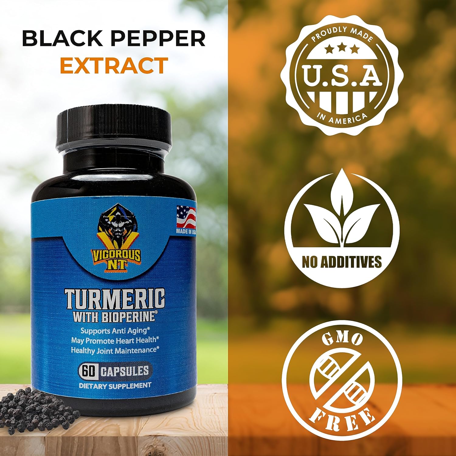 Vigorous NT – Suplemento de cúrcuma con BioPerine, fórmula de absorción mejorada, extracto de cúrcuma orgánico con 95% de curcuminoides, promueve el