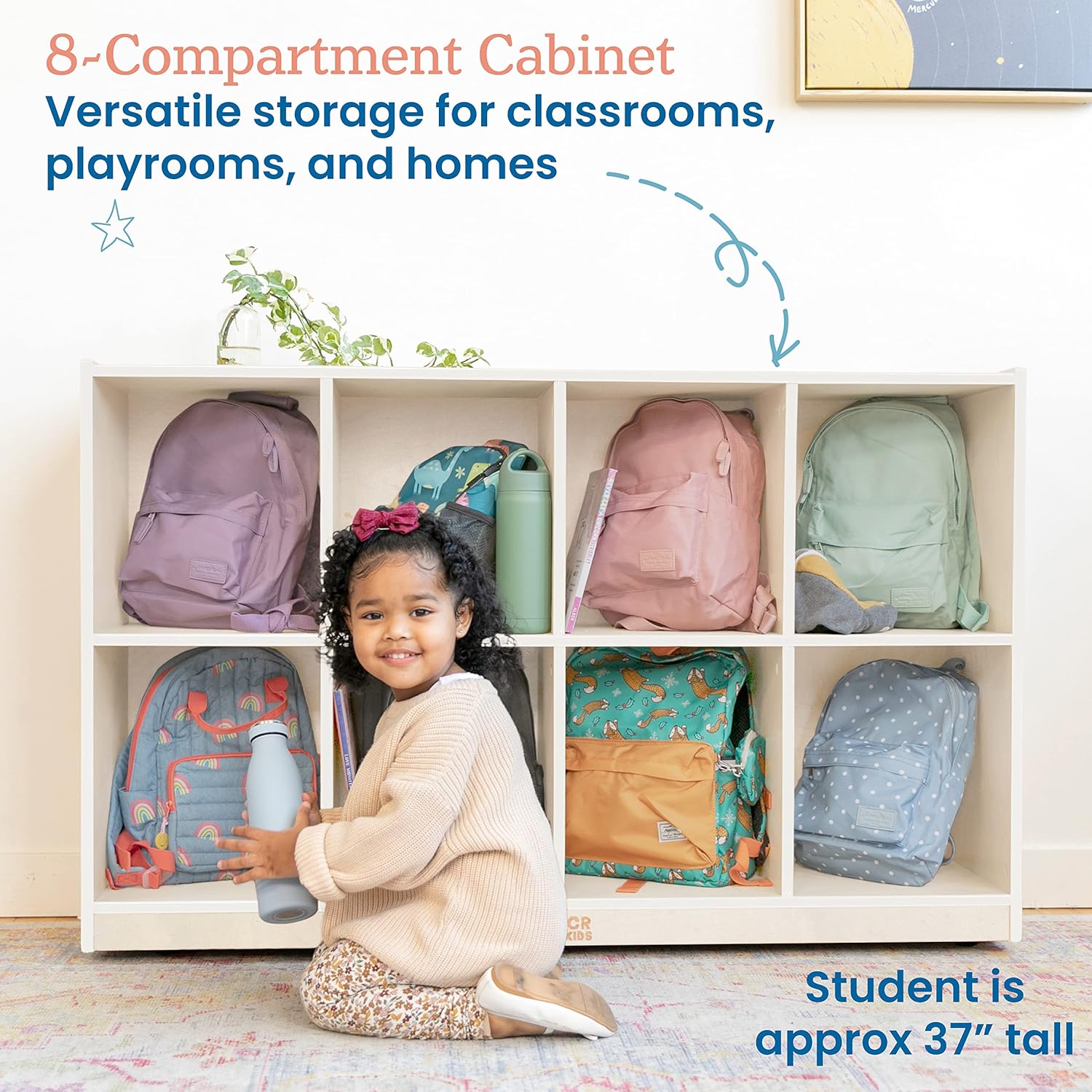 ECR4Kids Gabinete de almacenamiento movible de 8 compartimientos para mochilas, muebles de aula, color blanco lavado