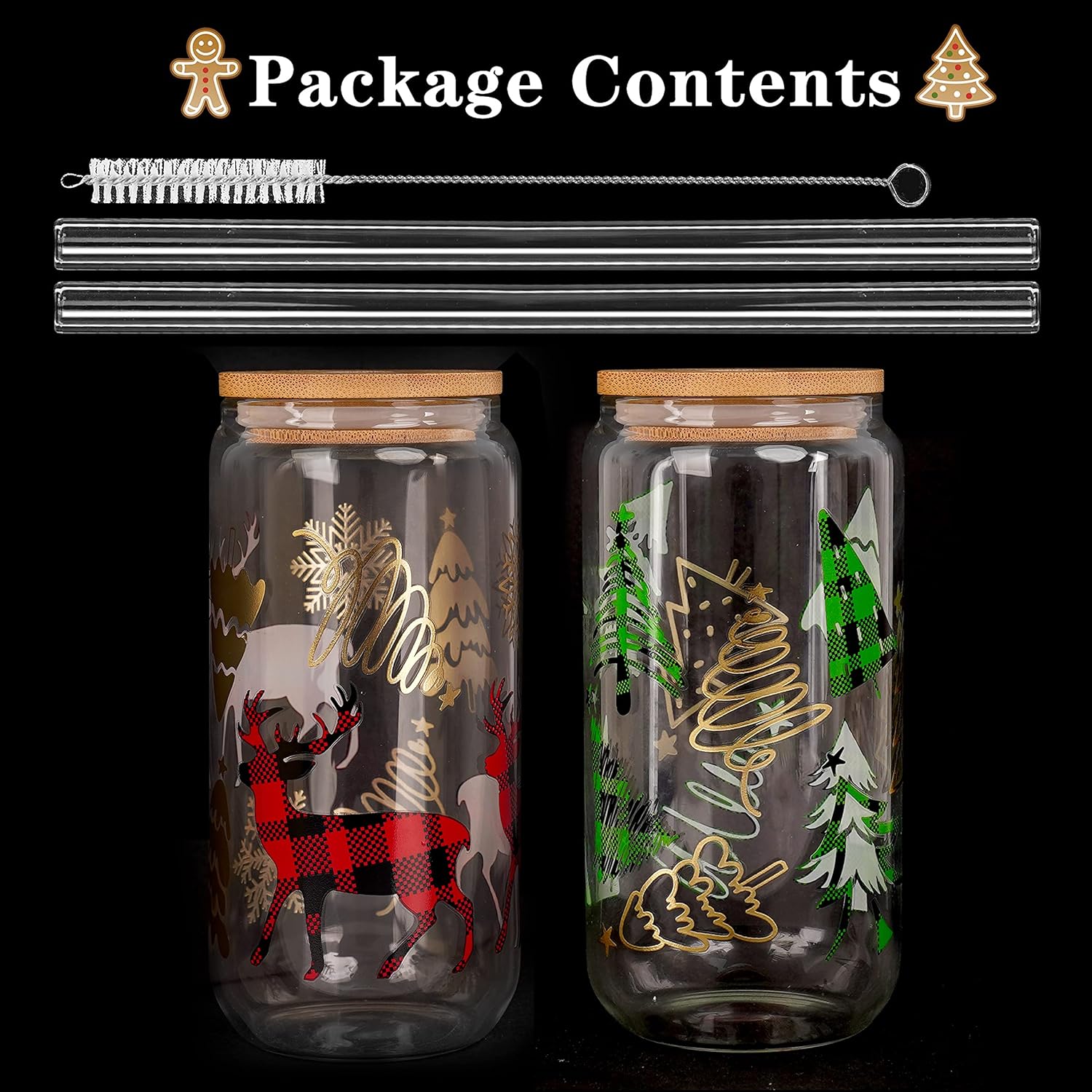ANOTION Vasos de Navidad, tazas de café de Navidad de 18 onzas, tazas de vidrio con tapa y pajita, vaso colorido para árbol de Navidad, vasos para