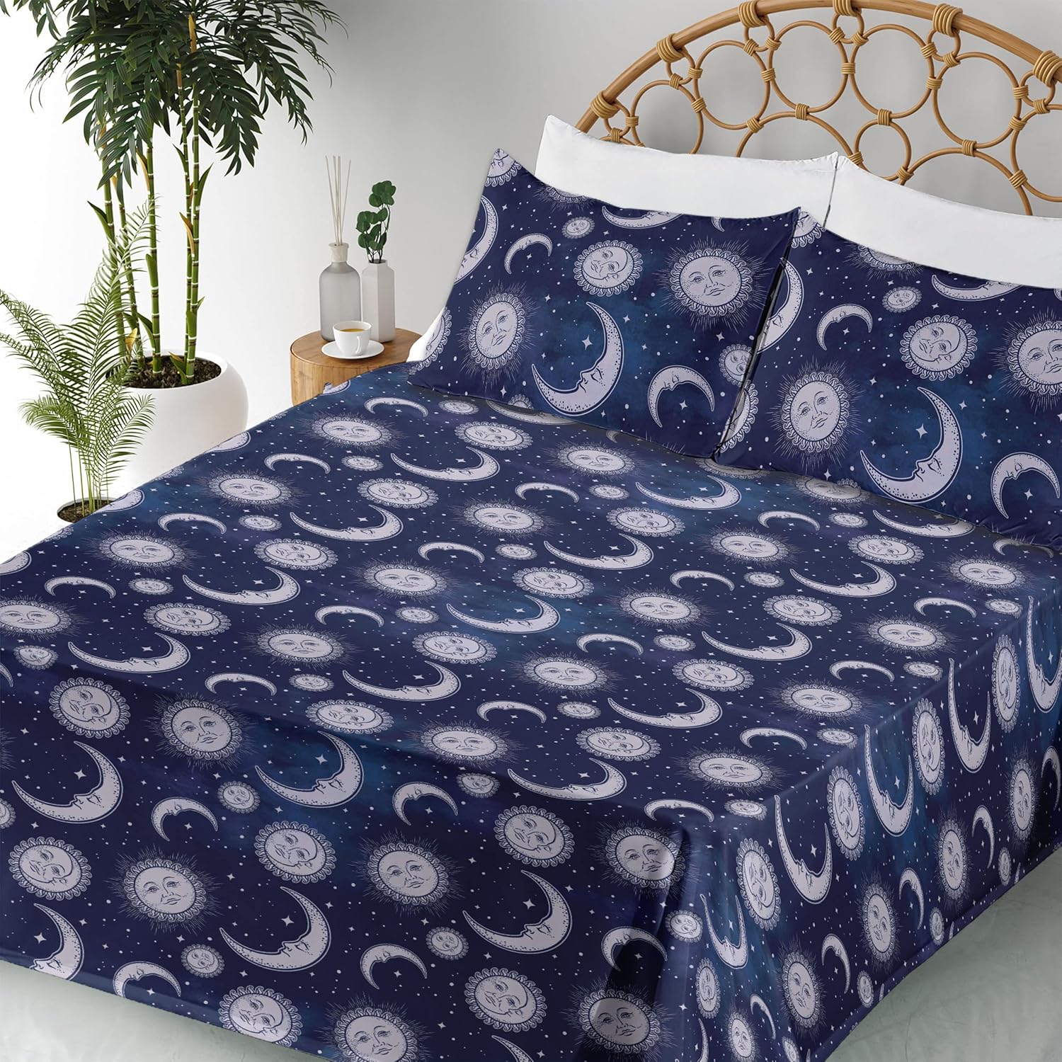 Ambesonne Boho Art Sheet Set, Astrology Inspired Sun and Moon Outer Space Galaxy Night Pattern, Fitted and Flat Sheet with Pillowcases Bedding
