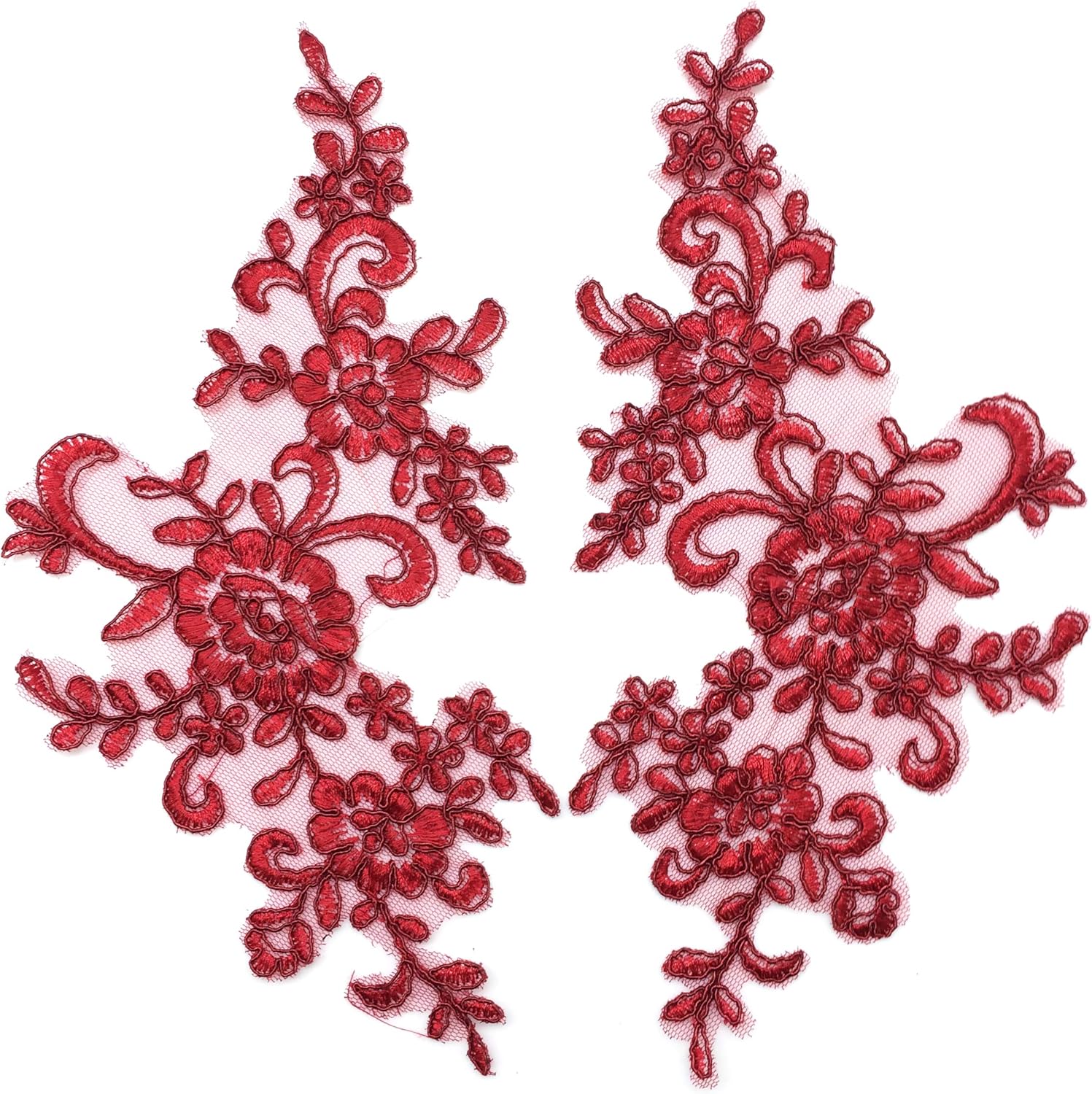 PEPPERLONELY 1 par de parches de tela de encaje fino bordados adornos apliques decoración de vestido, rojo vino, 10 x 6 pulgadas
