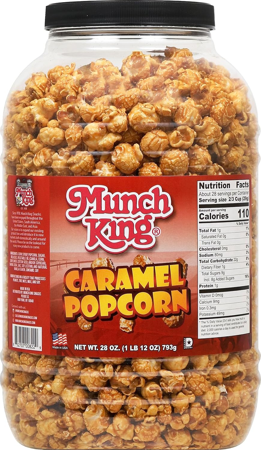 Munch King Snacks Caramelo Palomitas de Maíz 28 oz. Barril