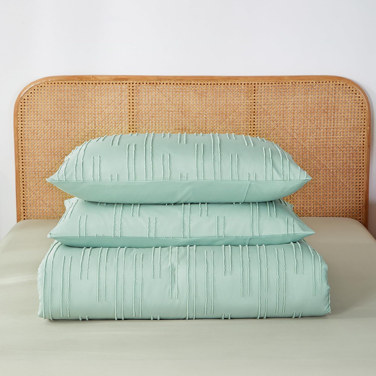Juego de edredón de tamaño Queen de color verde salvia, para cama Queen, estilo rústico, bohemio, esponjoso, ligero, con flores, plantas, para todas
