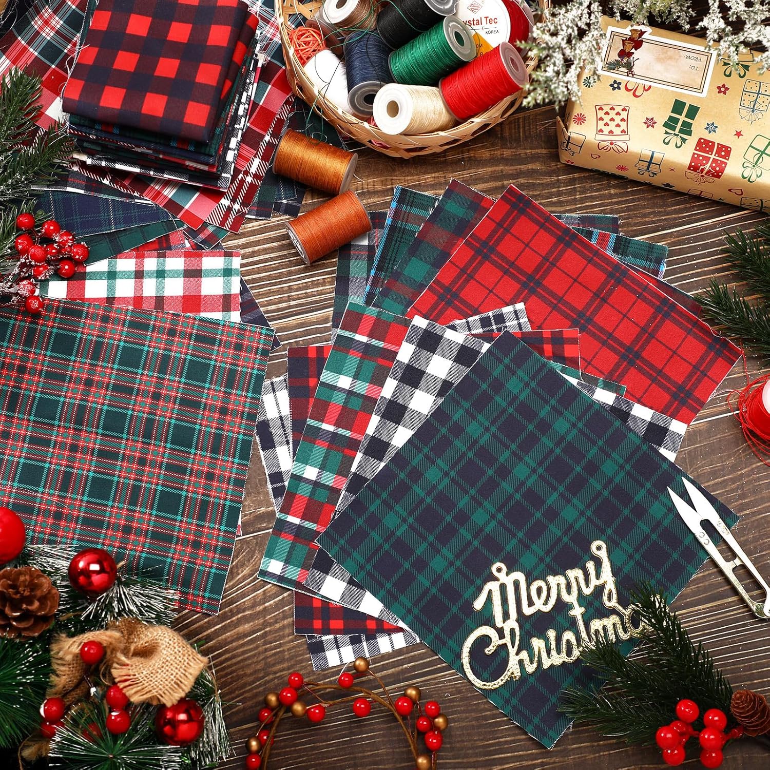 100 cuadrados de tela de Navidad de 8 x 8 pulgadas, 25 estilos, cuadros de tela de poliéster a cuadros precortados de búfalo de Navidad, recortes de