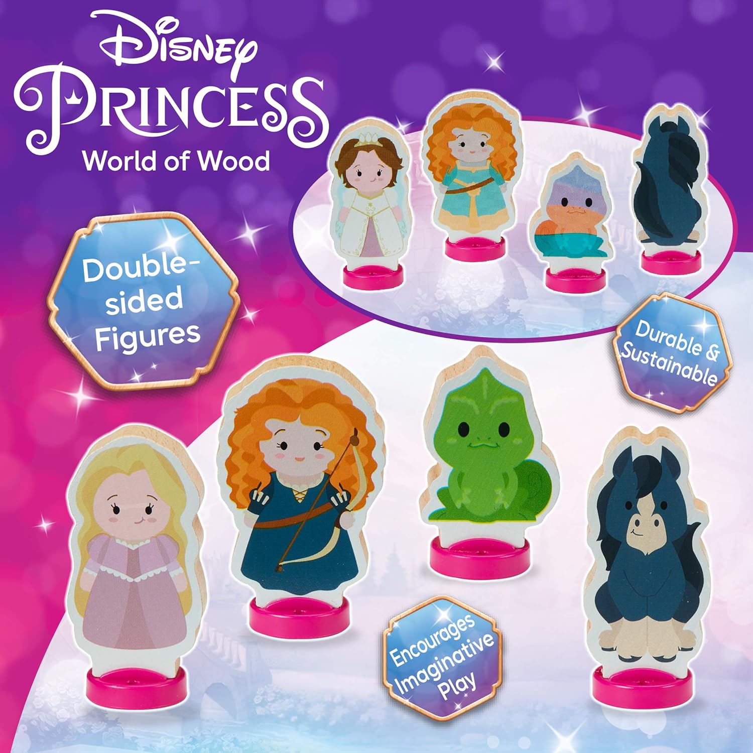 Disney Princess Juego de 4 figuras de princesa de madera, hermoso juguete de madera preescolar, juego imaginativo, certificado FSC sostenible,