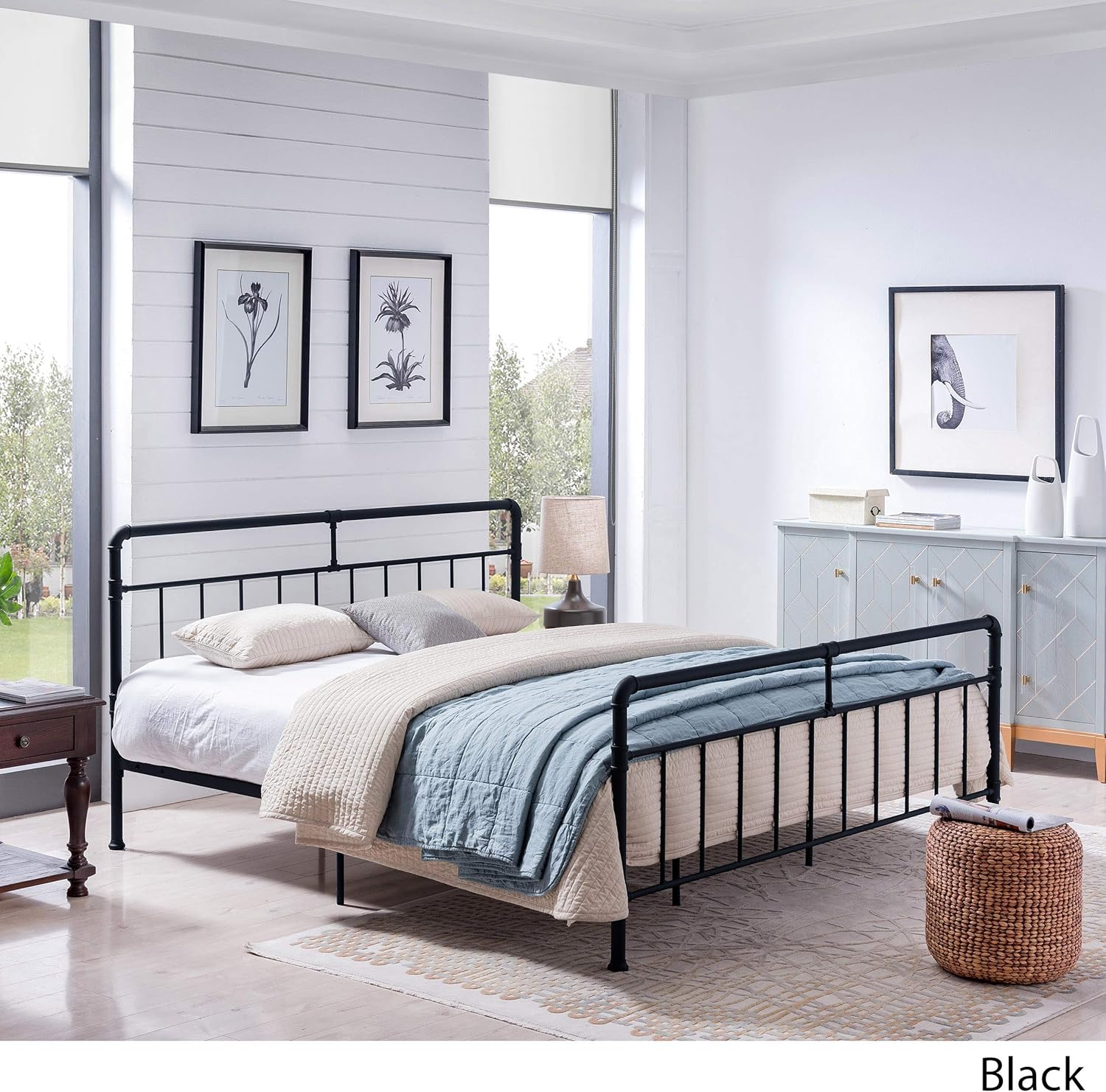 Christopher Knight Home Sally – Marco de cama de hierro tamaño Queen, minimalista, industrial, negro plano