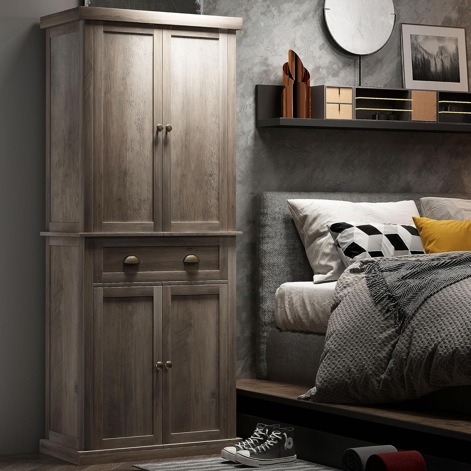 Karl home Armario de almacenamiento gris vintage con puertas y estantes, versátil armario de despensa de 4 puertas, ideal como gabinetes de cocina,