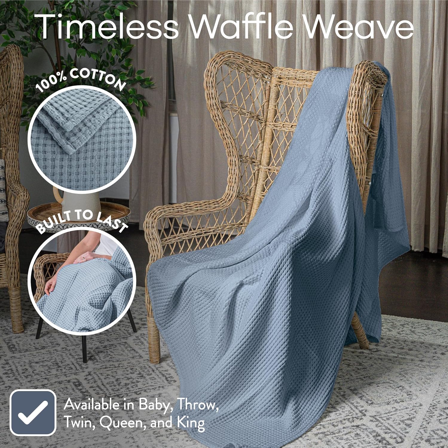 Comfy Cubs Manta 100% de algodón con tejido de gofre, transpirable, agradable al tacto, suave, ligera, perfecta y cálida, con textura, tamaño para