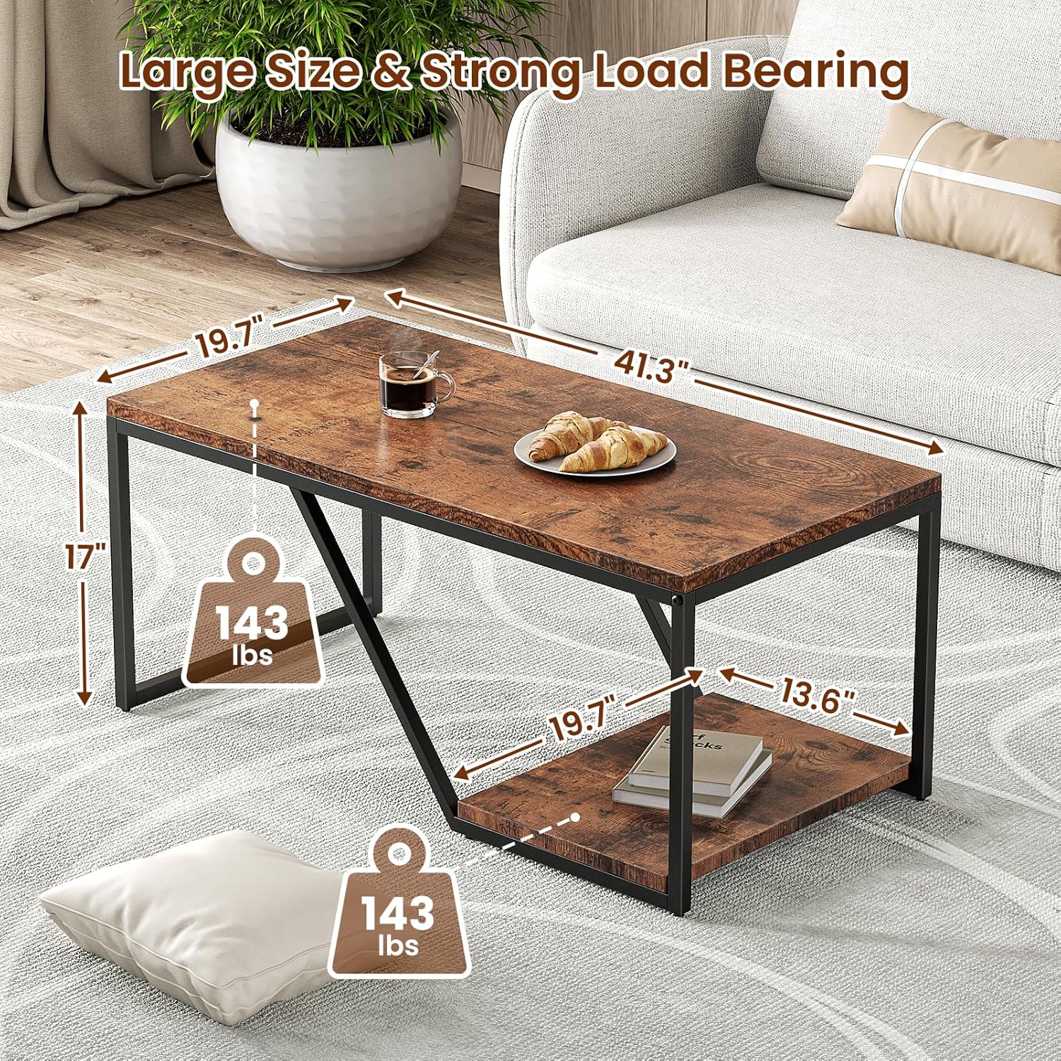 Mesa de centro rústica rectangular industrial de 2 niveles para sala de estar, espacios pequeños, mesa central de sala de estar con estante de