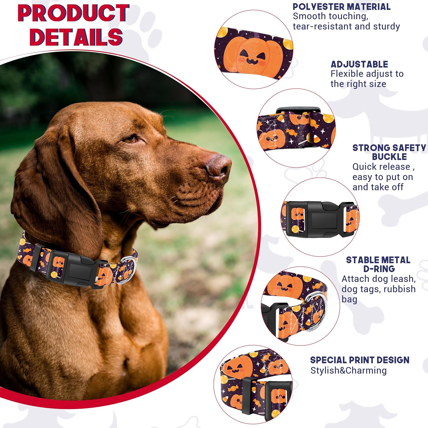 Seyezo Collar de perro de Halloween con patrón de calabaza caramelo, bonito collar transpirable para cachorros para niños y niñas con hebilla de