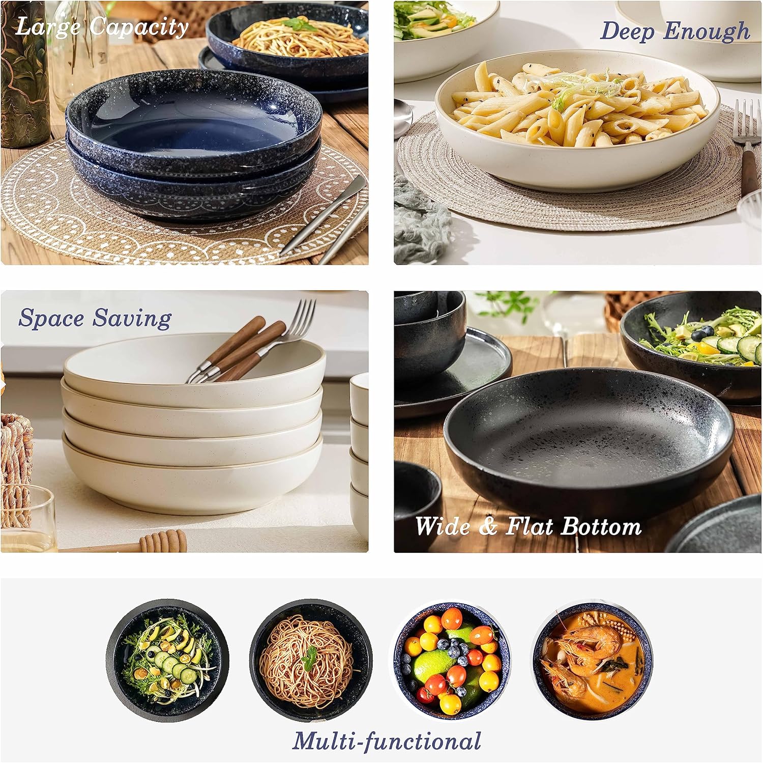 S&Q’S CERAMICS Juego de 4 cuencos grandes para servir ensaladas grandes de 65 onzas, cuencos grandes, platos de cerámica poco profundos de 10