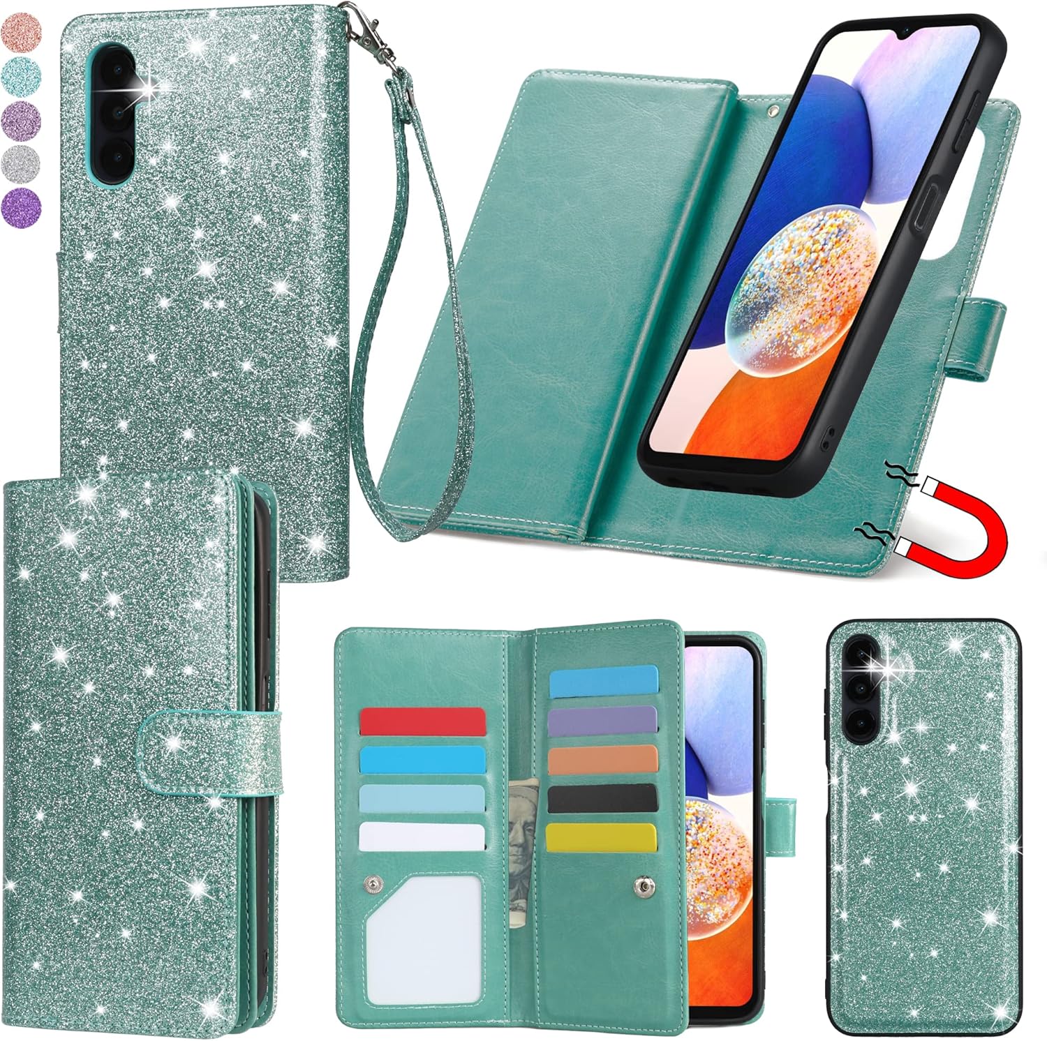 Varikke Funda para Samsung Galaxy A14 5G, magnética desmontable para Samsung A14 5G, cartera con tarjetero y correa de muñeca con purpurina de piel