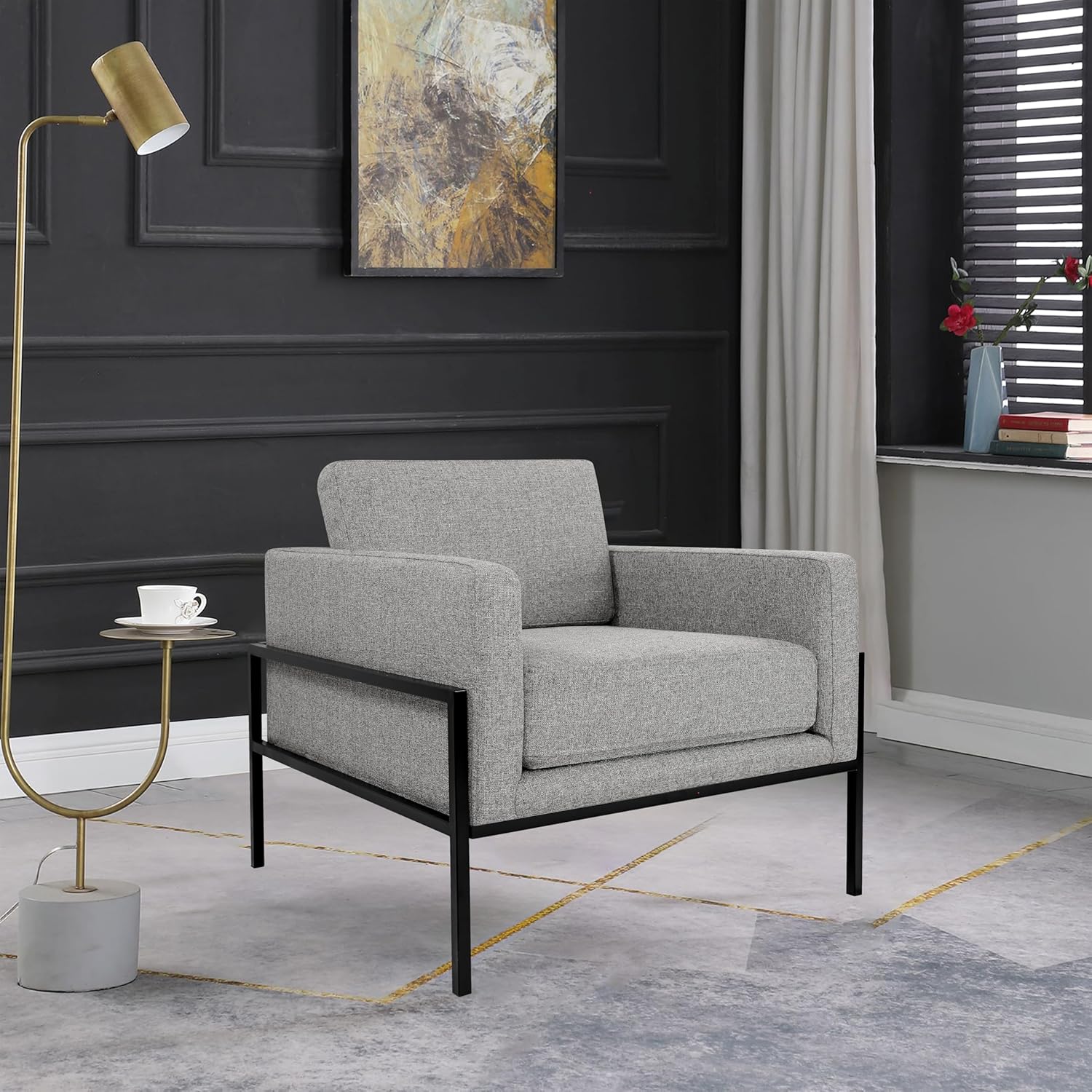 HomePop Silla decorativa moderna con marco de metal, decoración del hogar, sillas decorativas para sala de estar y dormitorio, tejido gris sostenible