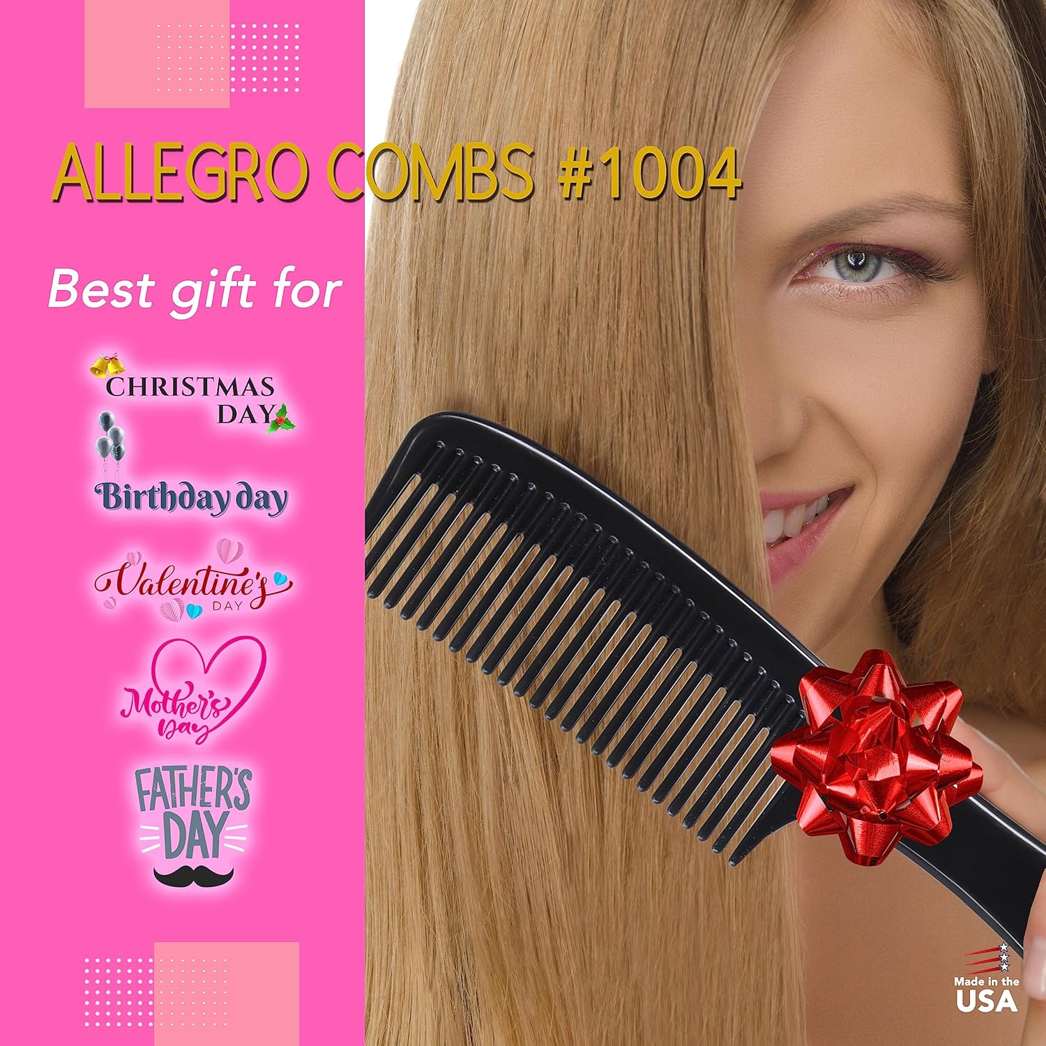Allegro Comb 1004 Peines desenredantes de dientes anchos para mujeres, estilistas, peine de pelo rizado para hombre, 2 piezas (negro)