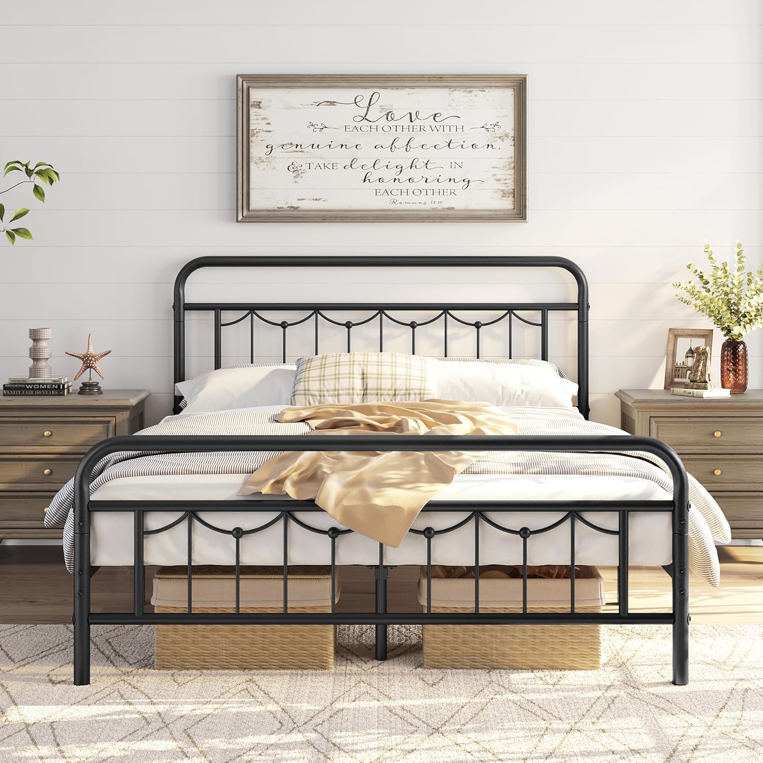 Topeakmart Marco de cama de metal completo con cabecera y estribo vintage, marco de cama de metal resistente de 13 pulgadas con almacenamiento,