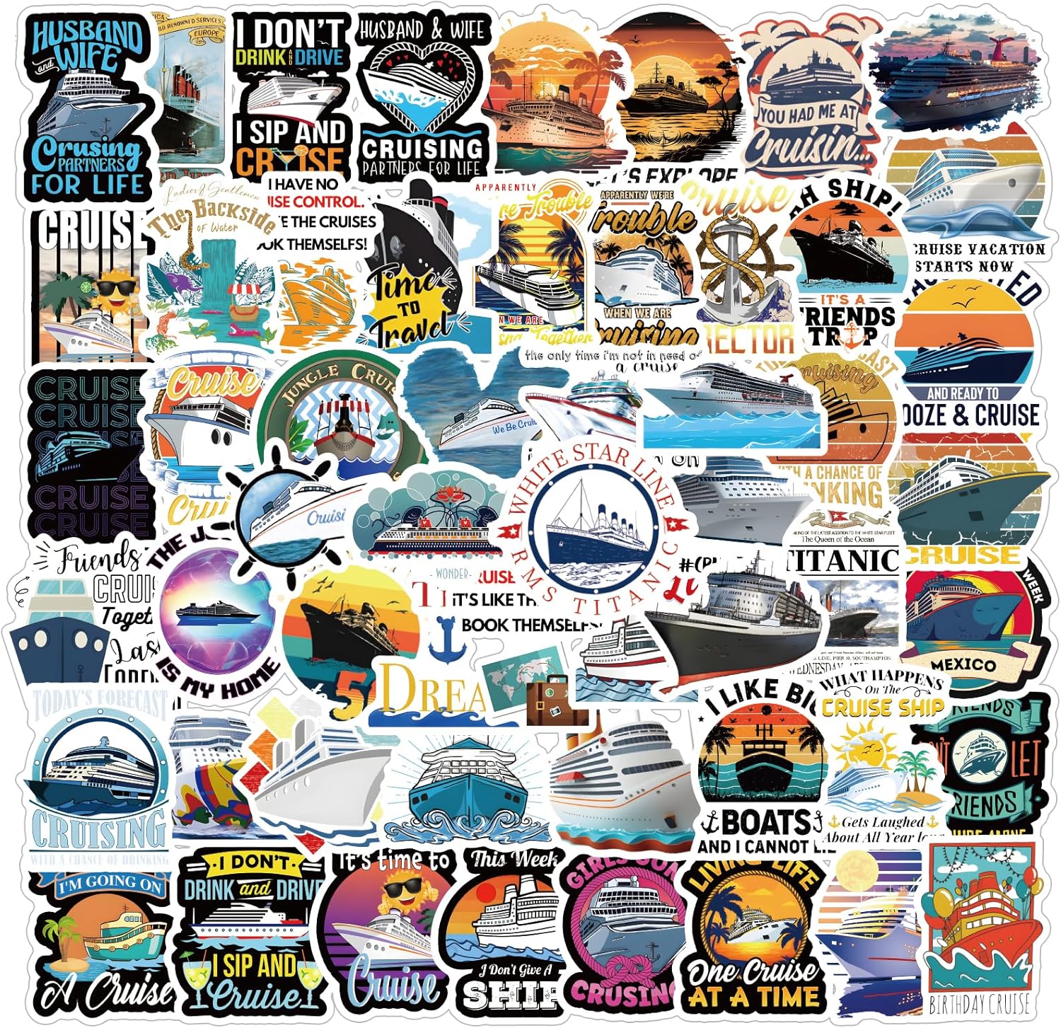 Paquete de 61 calcomanías de crucero, calcomanías estéticas impermeables de vinilo para botella de agua, patineta, laptop, teléfono, diario, álbumes
