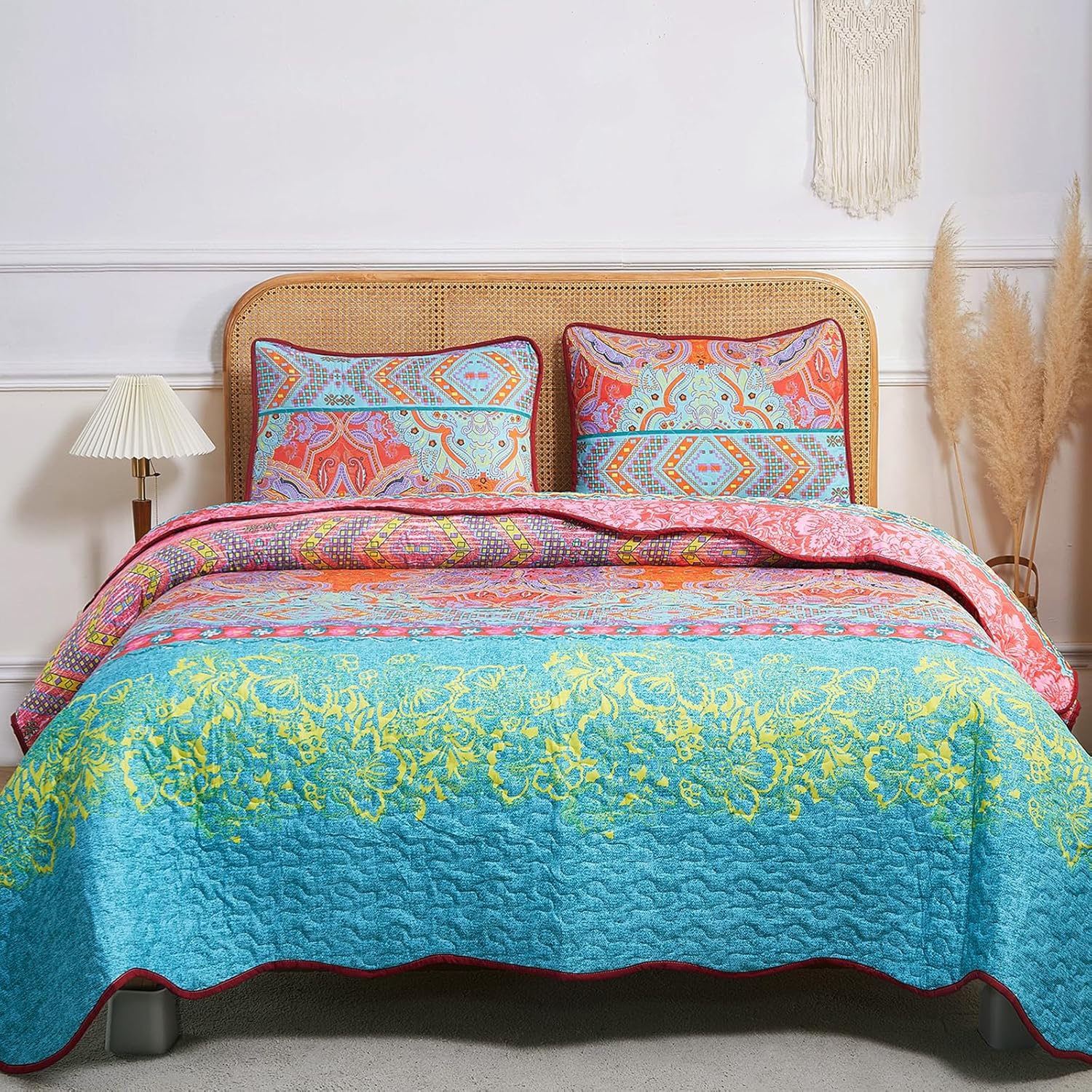 8HMOON Juego de edredón bohemio tamaño King, suave, bohemio, estampado floral, colcha de verano, colcha de microfibra ligera, reversible, colorido,