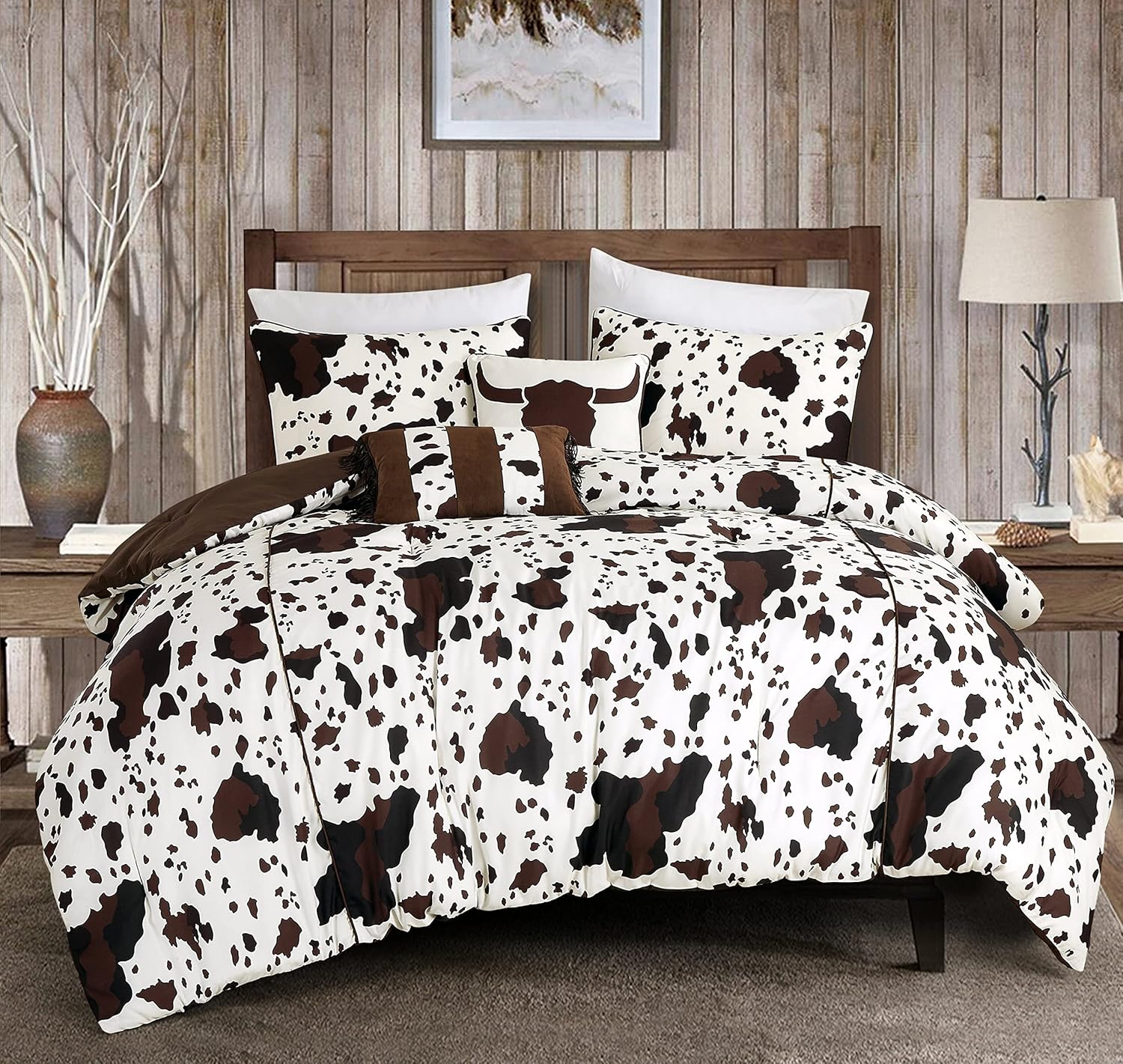 Linen Mart Juego de edredón rústico de 5 piezas de cuero de vaca, negro, blanco, marrón, cuerno de vaca, calavera, casa de campo, estilo occidental