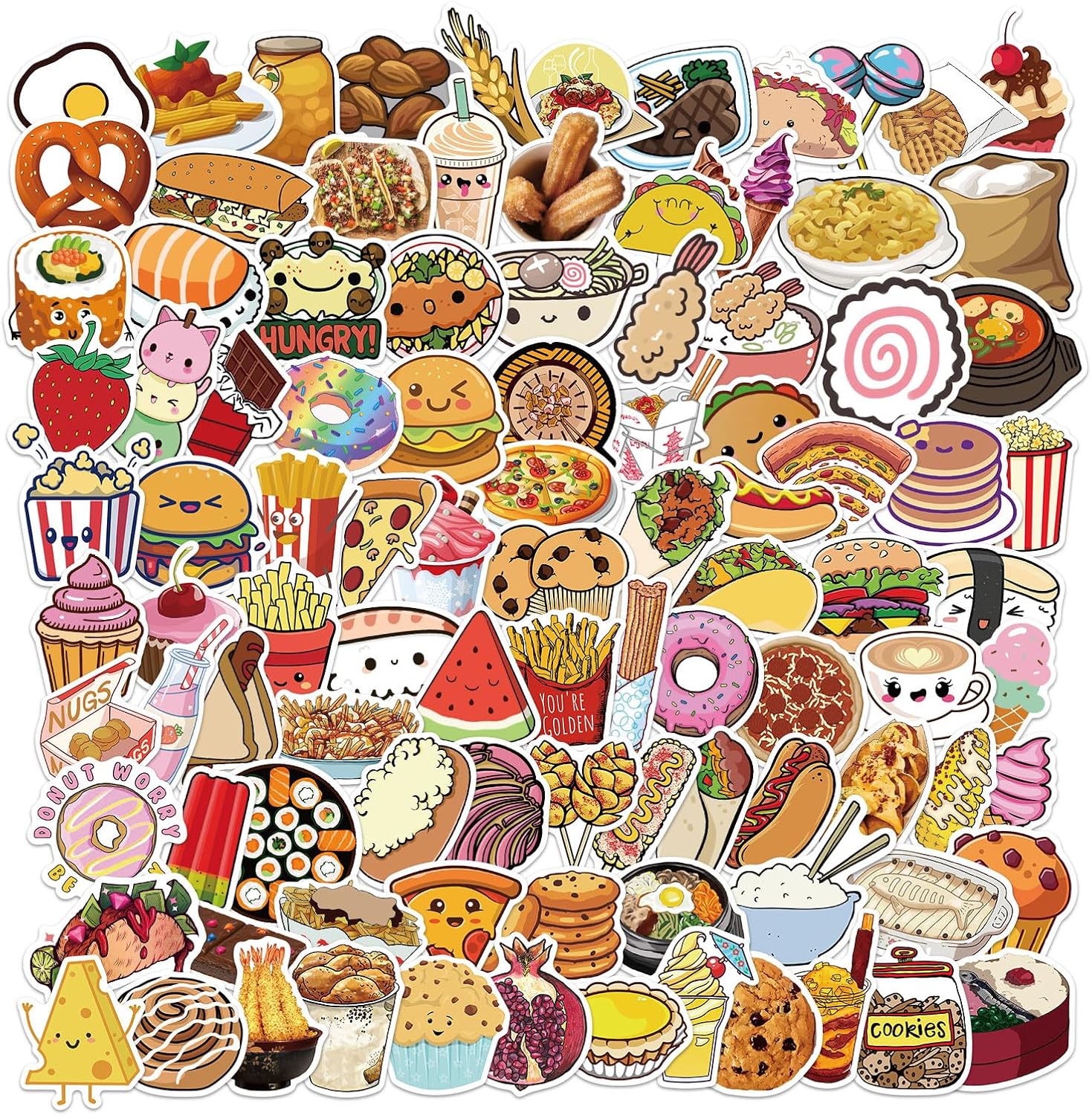 100 calcomanías de comida para niños, calcomanías de vinilo para laptop, botellas de agua, equipaje, computadora, patineta, guitarra