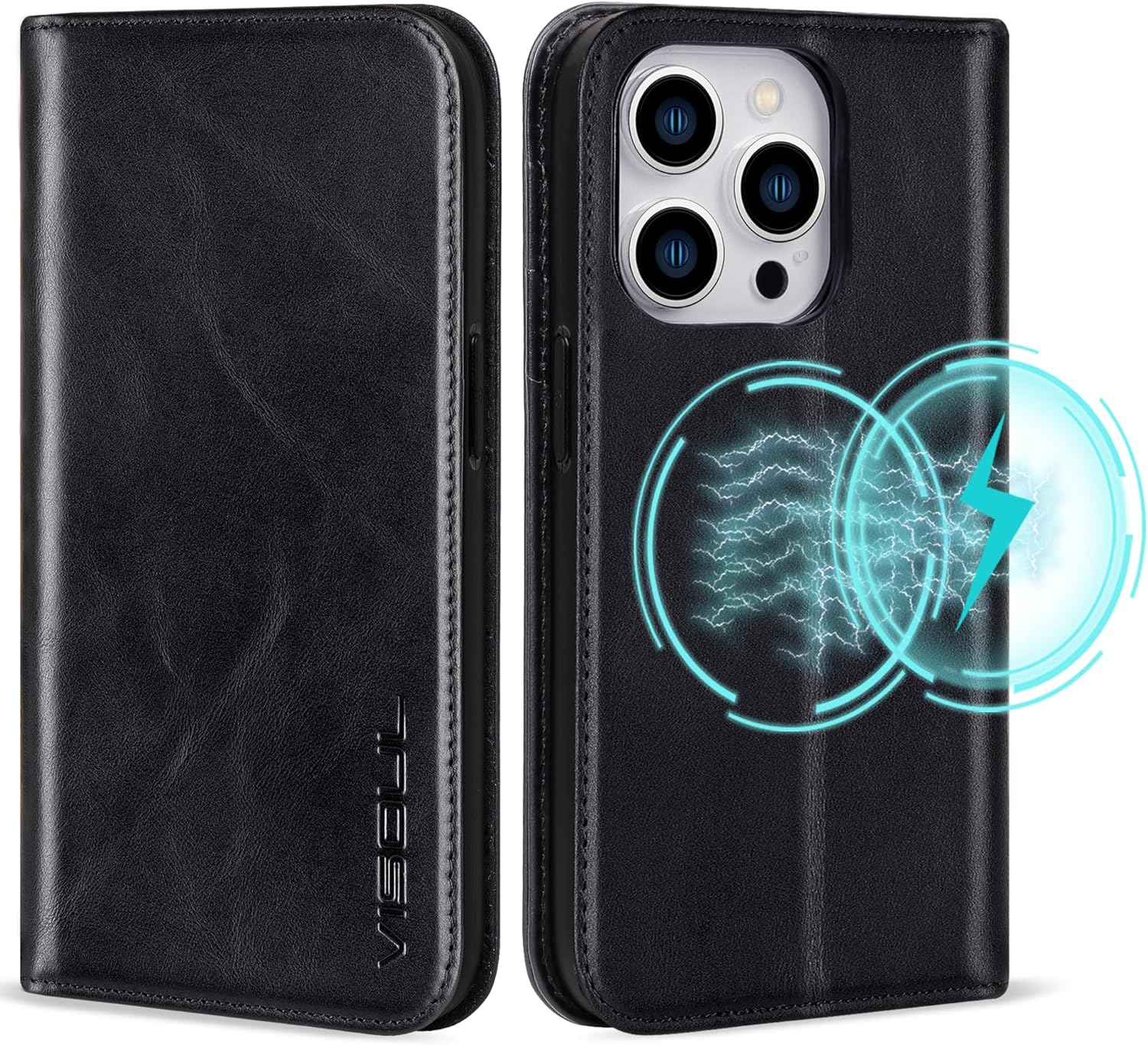 VISOUL Funda de piel auténtica compatible con el teléfono 15 Pro, funda magnética con tapa y soporte para tarjetas para mujeres y hombres, funda