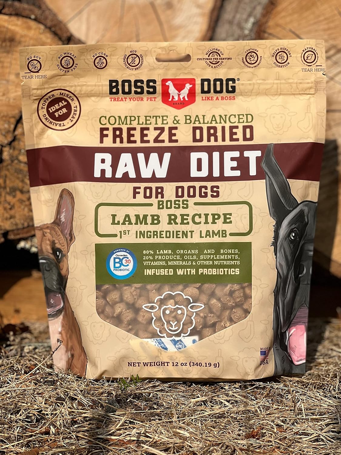 Boss Dog Marca completa y equilibrada dieta cruda liofilizada para perros 12oz bolsa (cordero)