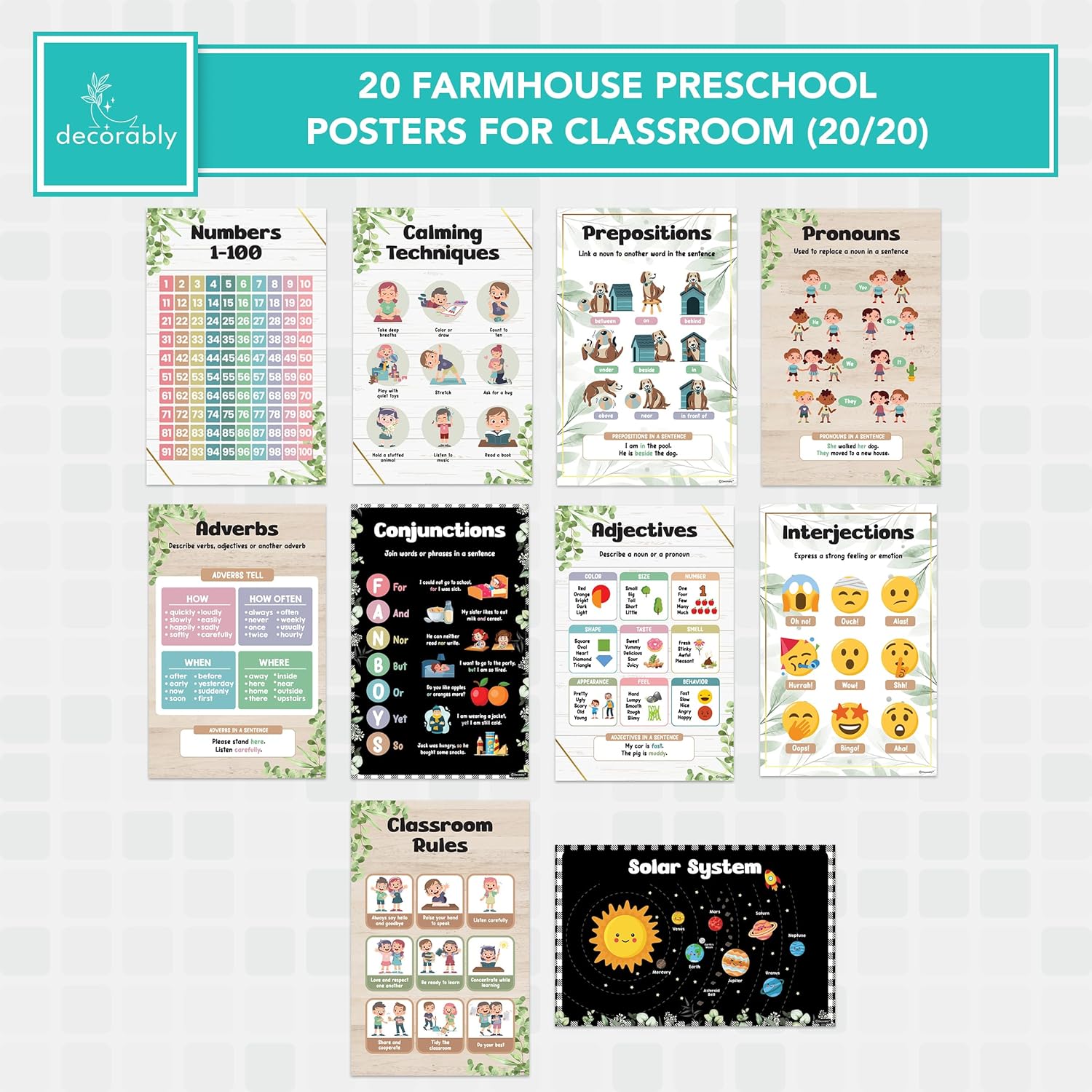 20 pósteres educativos para jardín de infantes, 11 x 17 pulgadas, carteles educativos para niños en edad preescolar, carteles de aprendizaje para