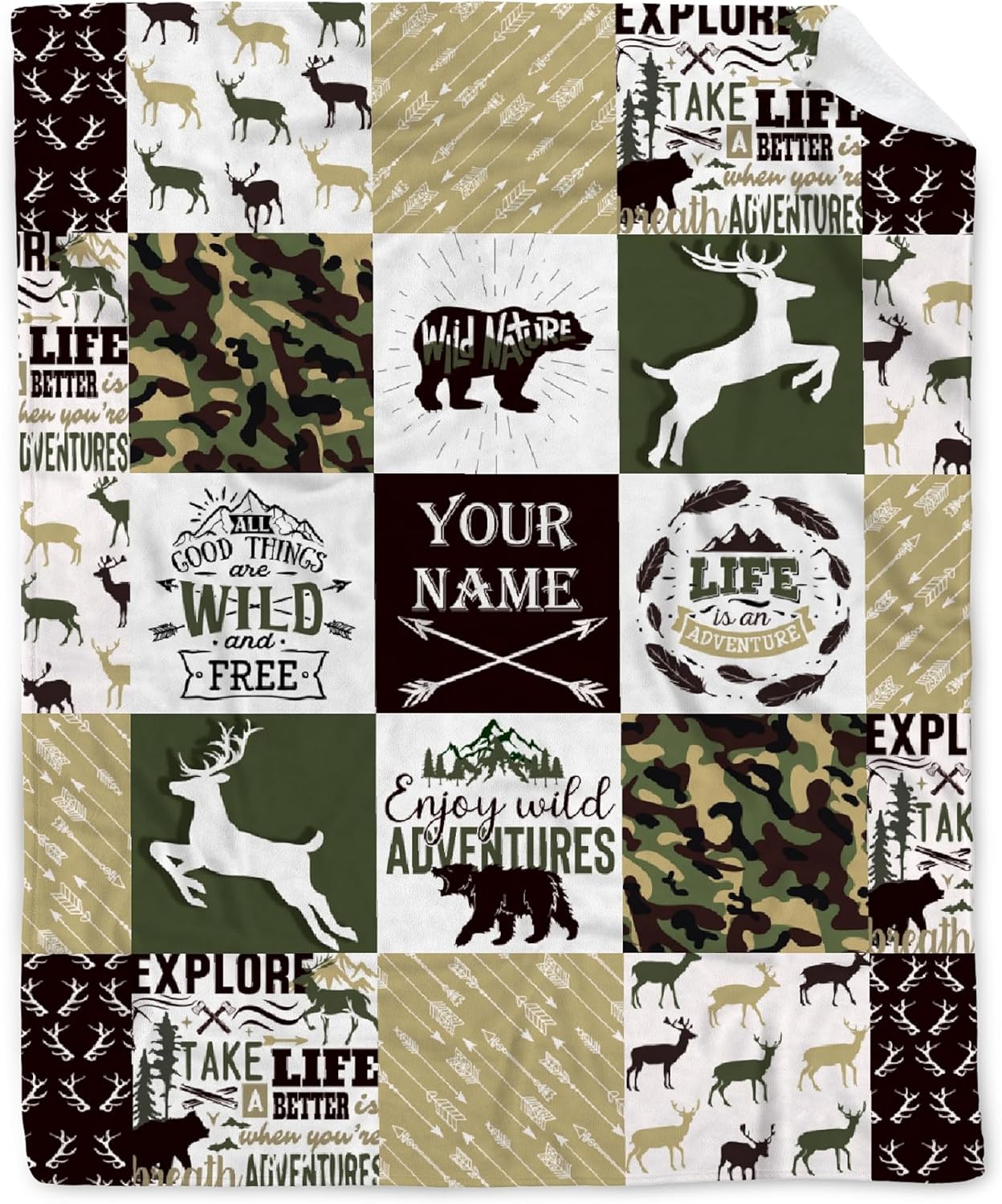 Manta personalizada con diseño de aventura en el bosque, manta personalizada con diseño de oso de ciervos, camuflado, para caza de ciervos, para
