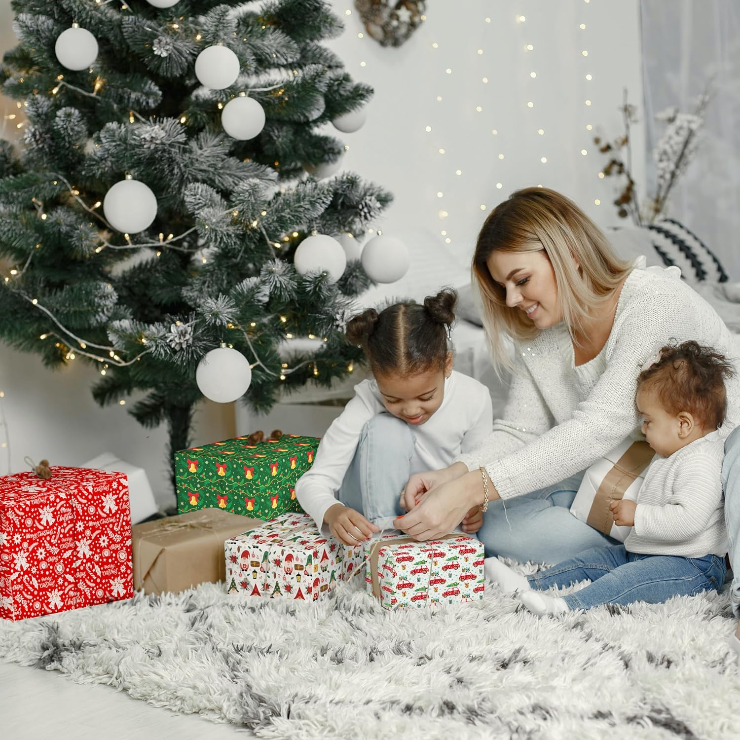 RiukRaiu Papel de regalo de Navidad para niños, hombres y mujeres. Diseño de Navidad, envoltura de regalo que contiene árbol, automóvil, copo de