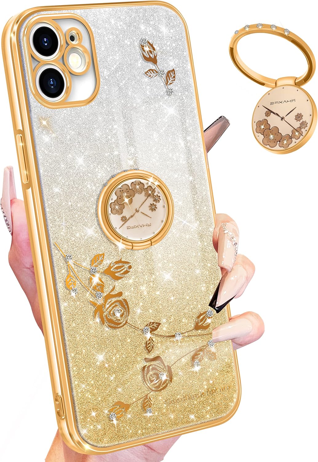 Coralogo Funda 3 en 1 para iPhone 11 con purpurina brillante para mujeres y niñas, cubierta brillante con bonito diseño floral dorado con anillo,